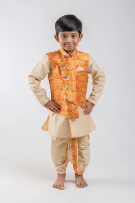 2 Set Pant Designer Kurta For Baby Boys With Orange Overcoat