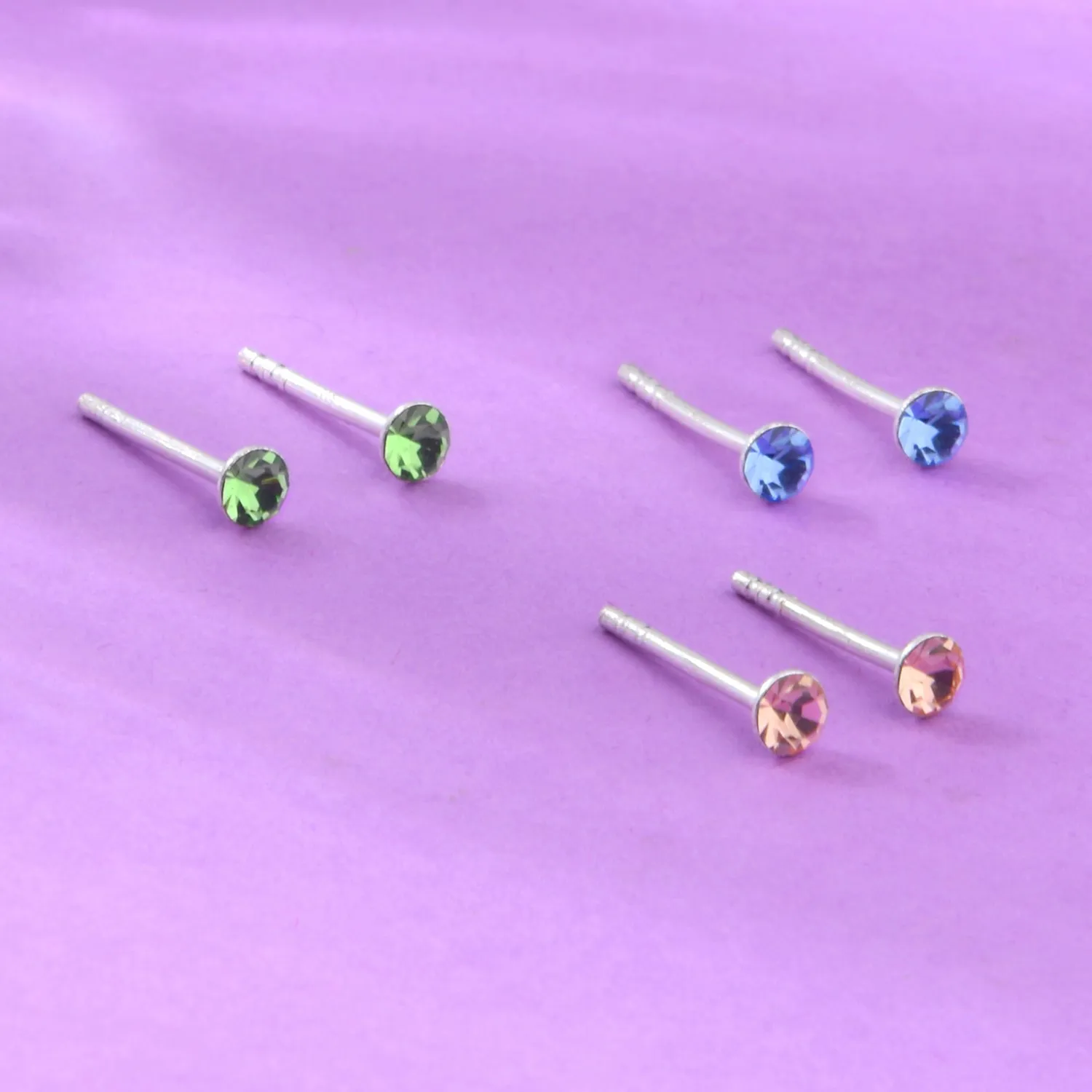 925 Pure Sterling Silver Set Of 3 Pastel Crystal Studs