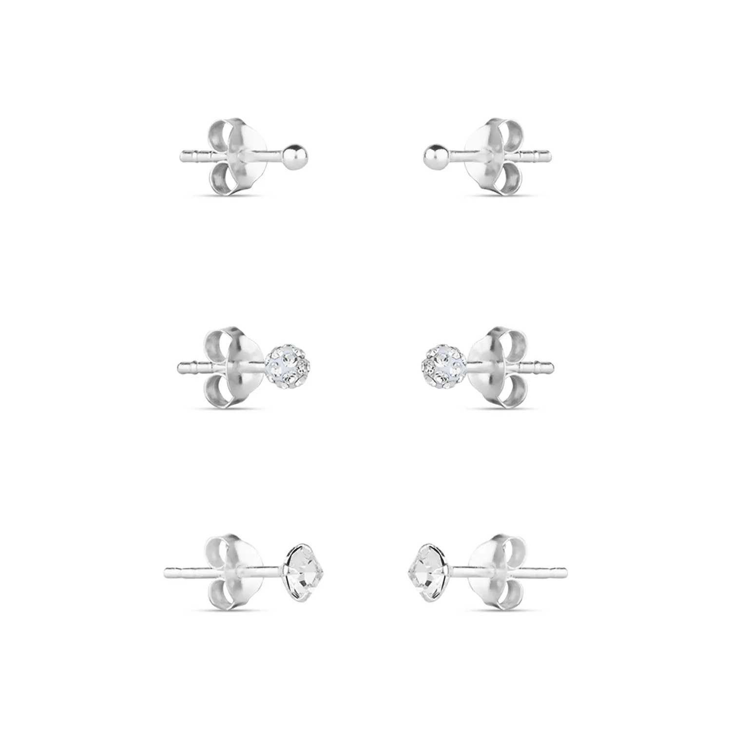 925 Pure Sterling Silver Set Of 3 Sparkle Pave Studded Ball Stud Earring Pack