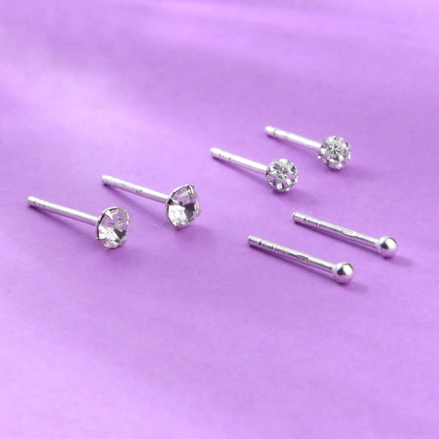 925 Pure Sterling Silver Set Of 3 Sparkle Pave Studded Ball Stud Earring Pack