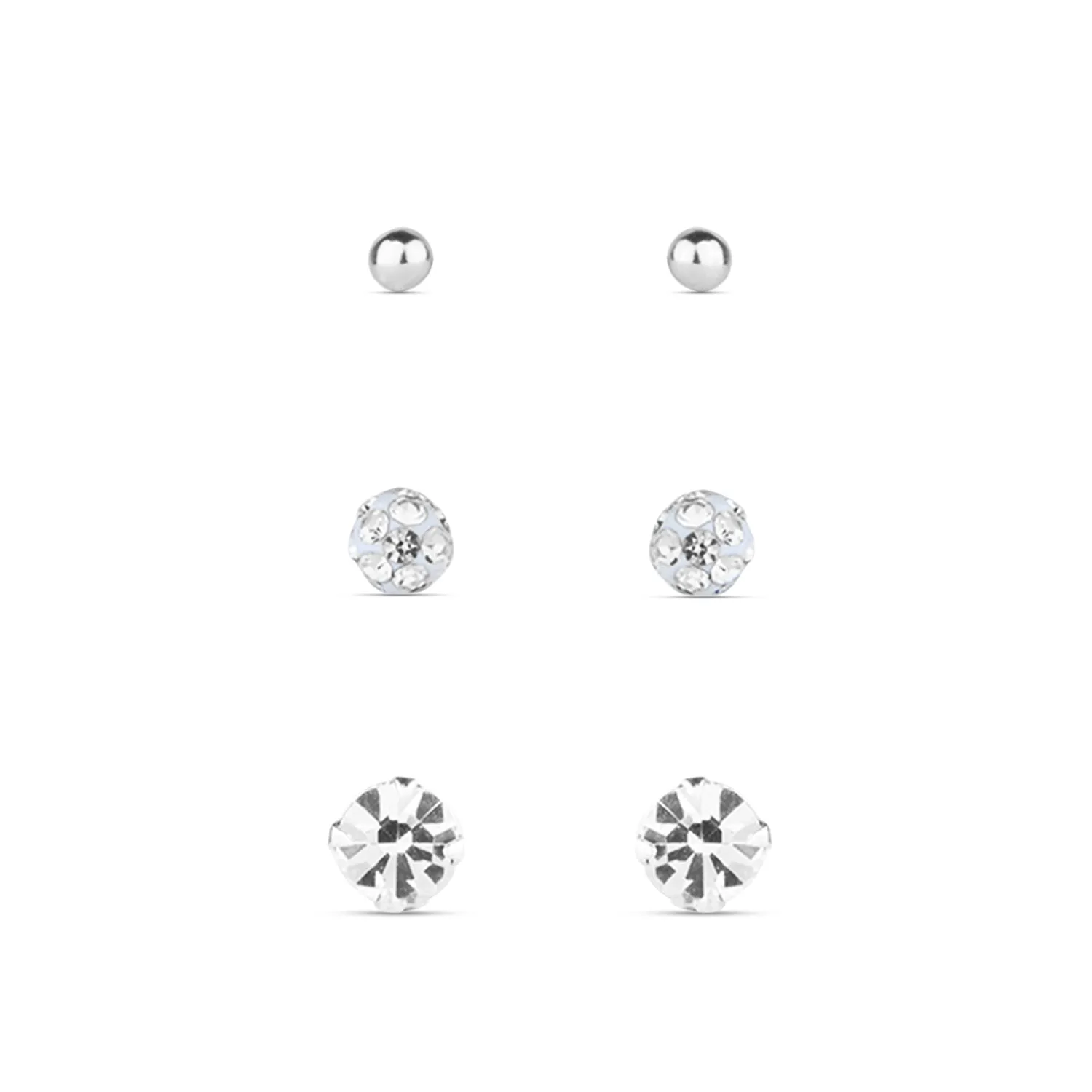 925 Pure Sterling Silver Set Of 3 Sparkle Pave Studded Ball Stud Earring Pack