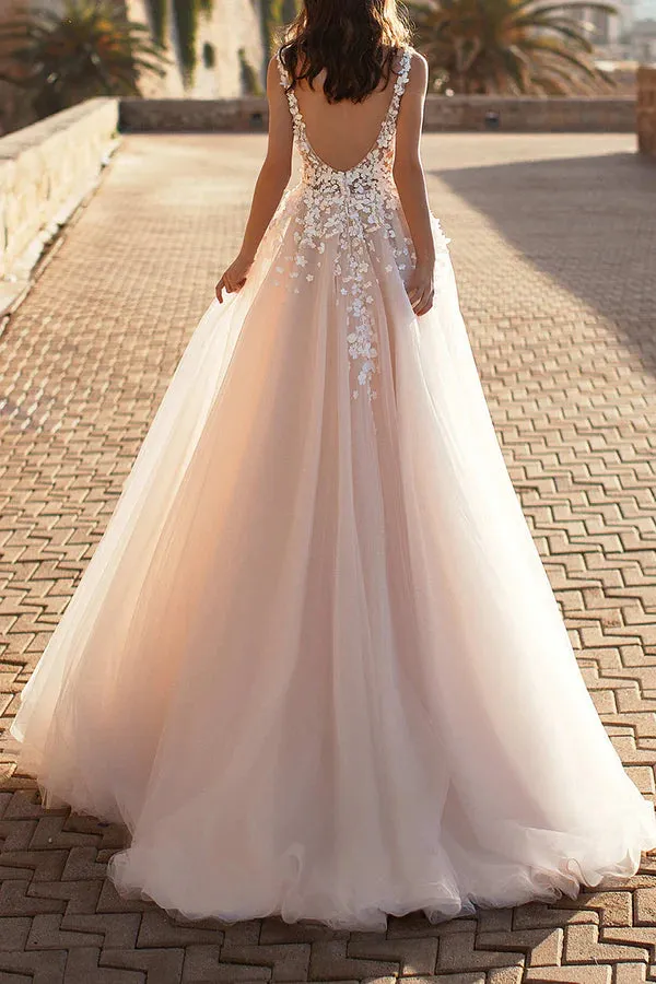 A line casual wedding dress with 3D lace stickers on the neck, rural style bride dress