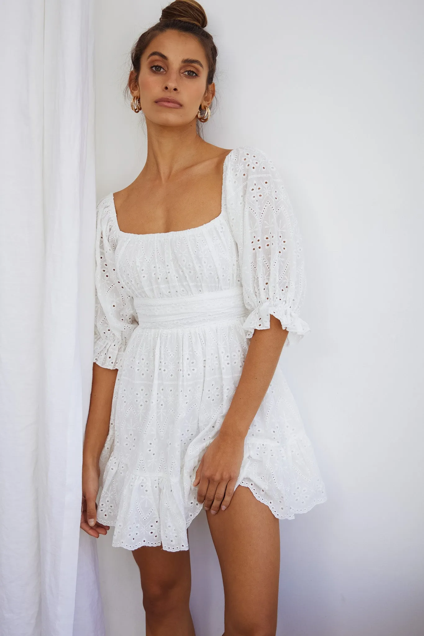 Abby Off-Shoulder Tie-Up Back Dress Eyelet Embroidery Dress White