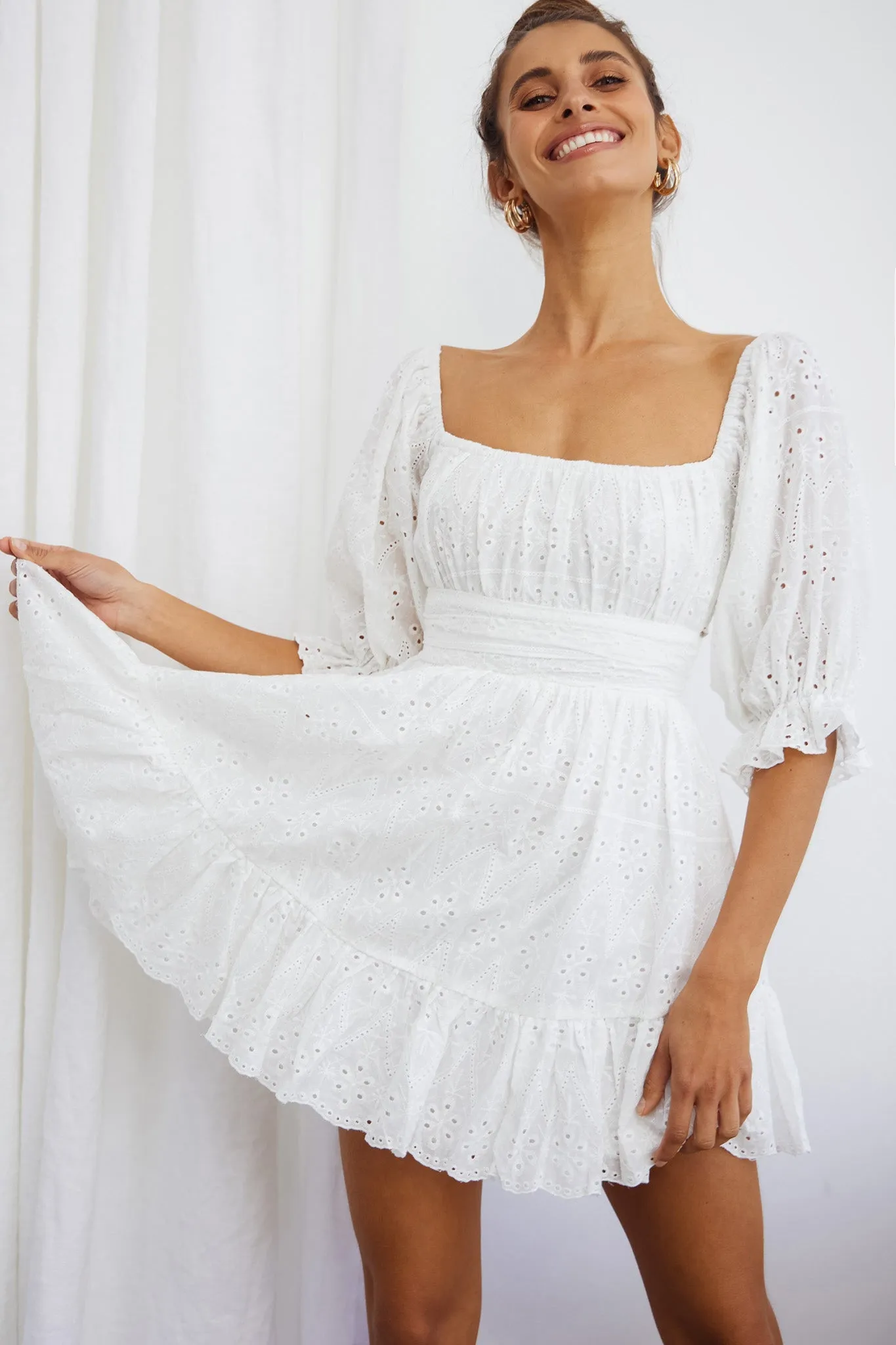 Abby Off-Shoulder Tie-Up Back Dress Eyelet Embroidery Dress White