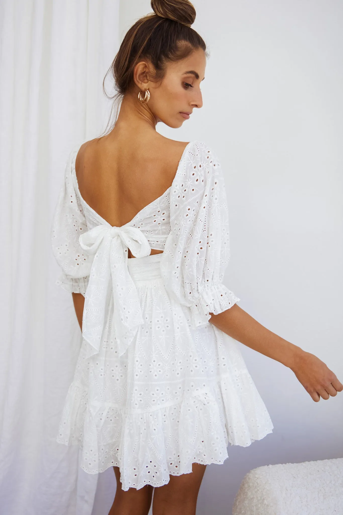 Abby Off-Shoulder Tie-Up Back Dress Eyelet Embroidery Dress White