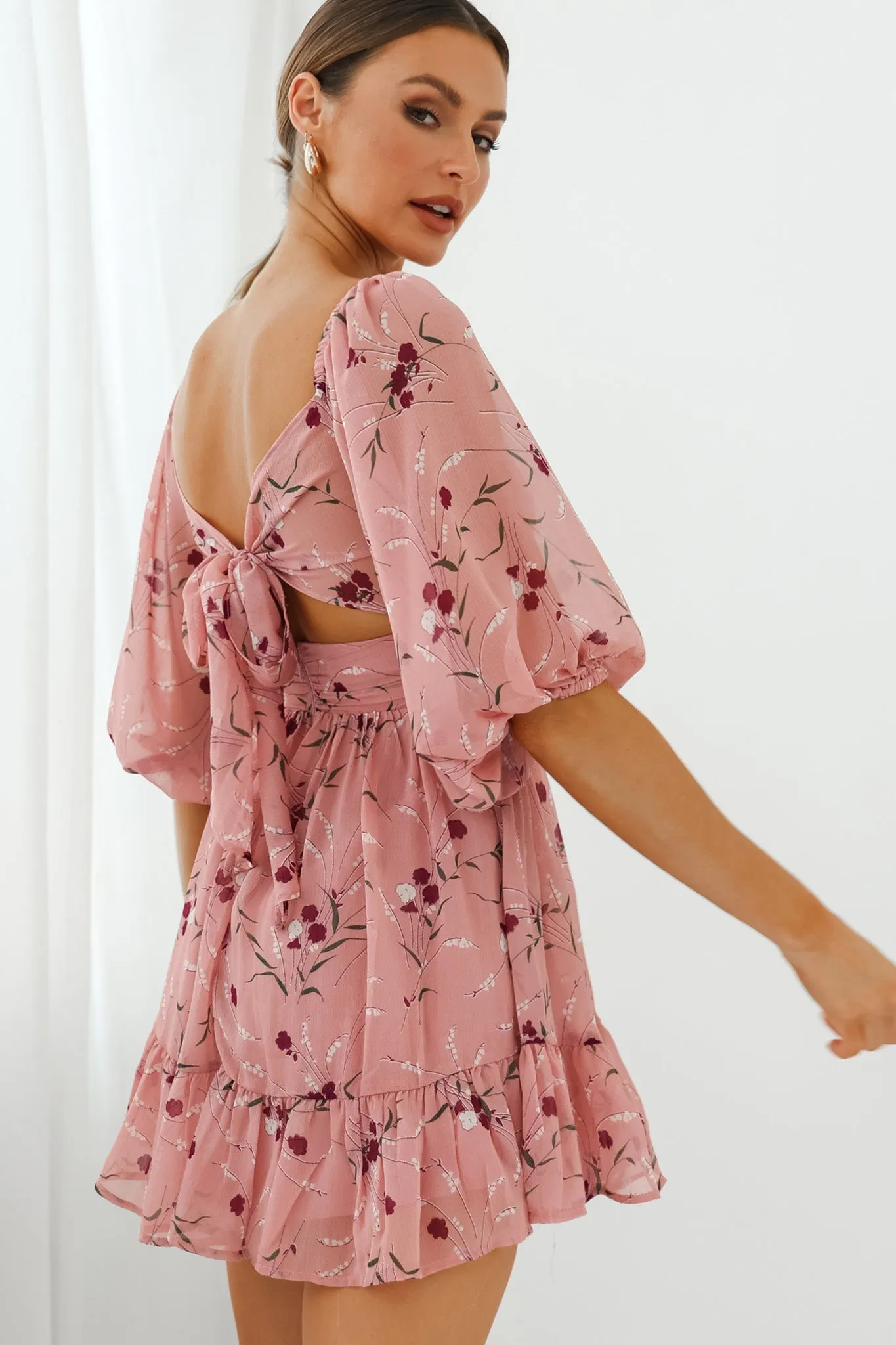 Abby Off-Shoulder Tie-Up Back Dress Floral Print Rose