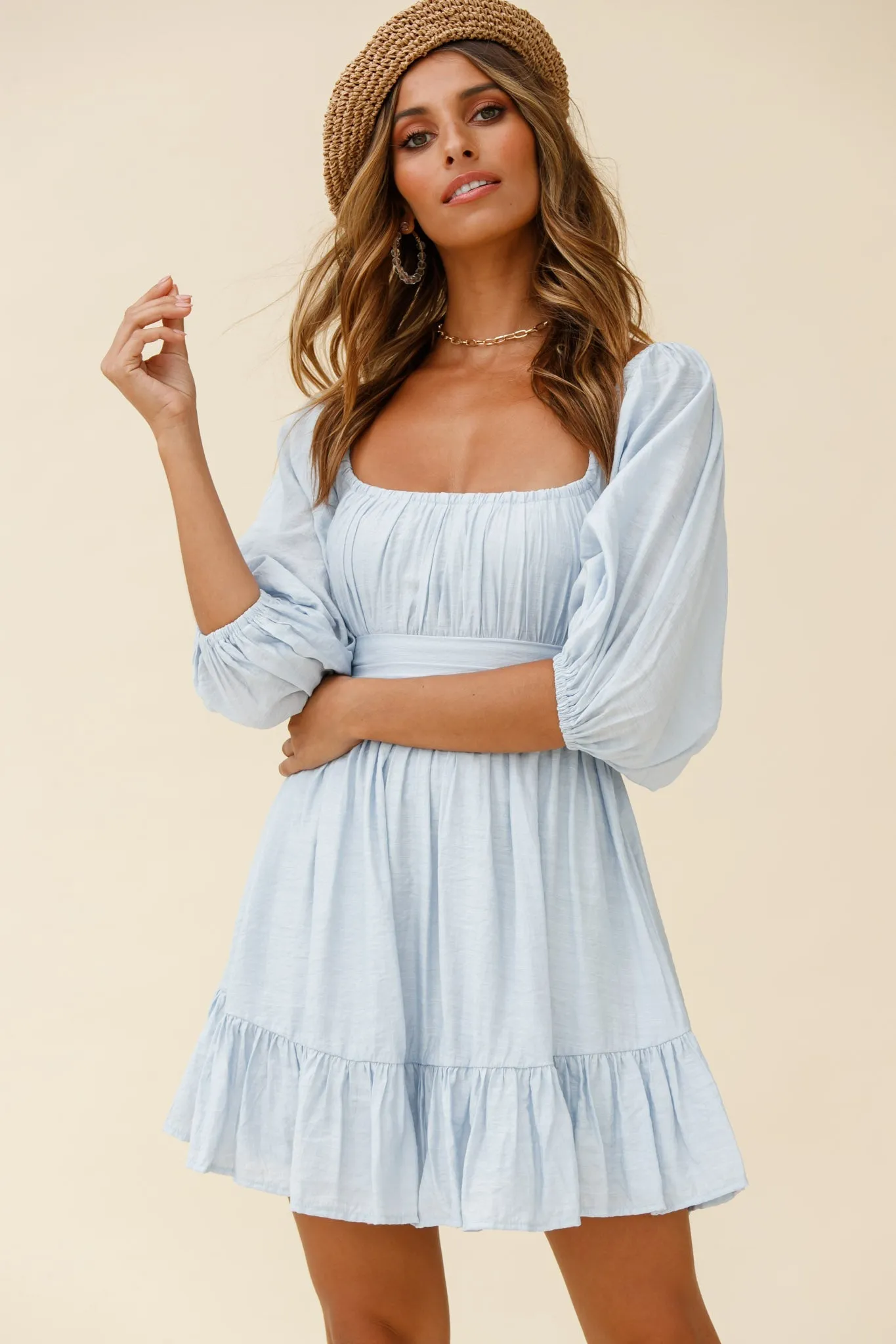 Abby Off-Shoulder Tie-Up Back Dress Steel Blue