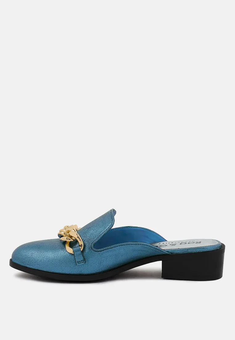 AKSA Chain Embellished Metallic Blue Leather Mules