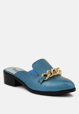 AKSA Chain Embellished Metallic Blue Leather Mules