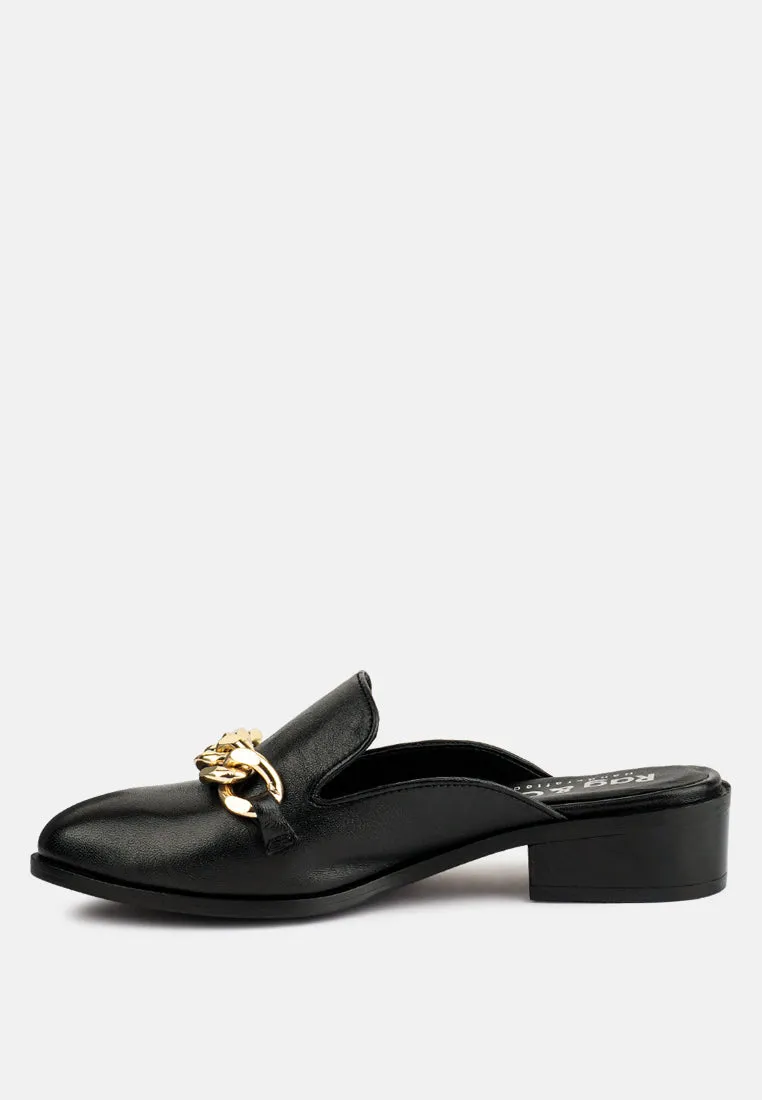 Aksa Chain Embellished Metallic Leather Mules