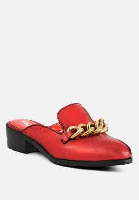 AKSA Chain Embellished Metallic Red Leather Mules