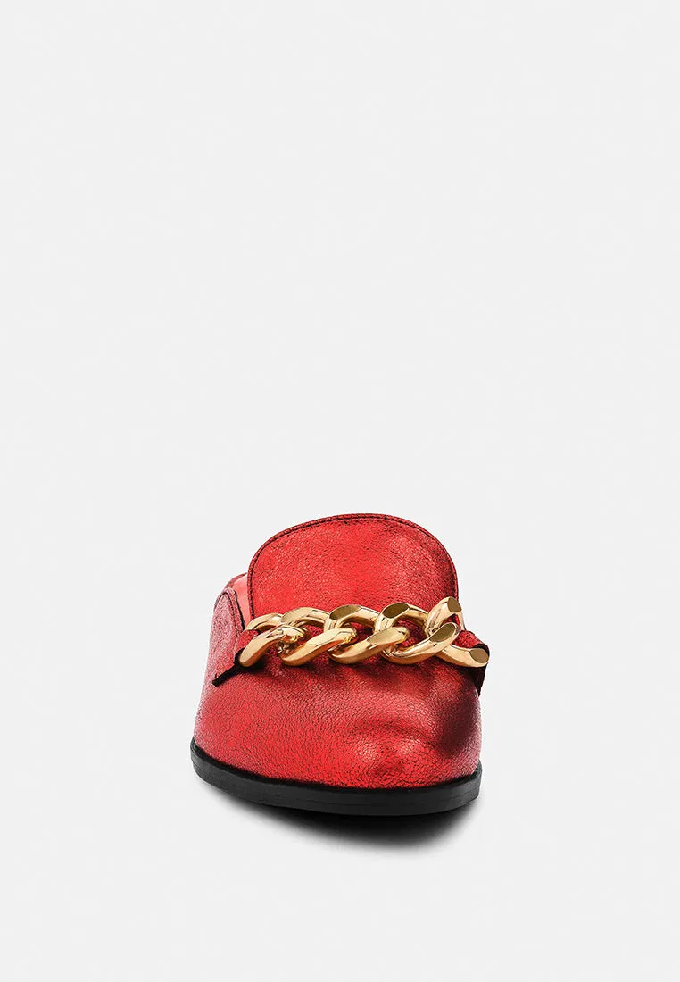 AKSA Chain Embellished Metallic Red Leather Mules