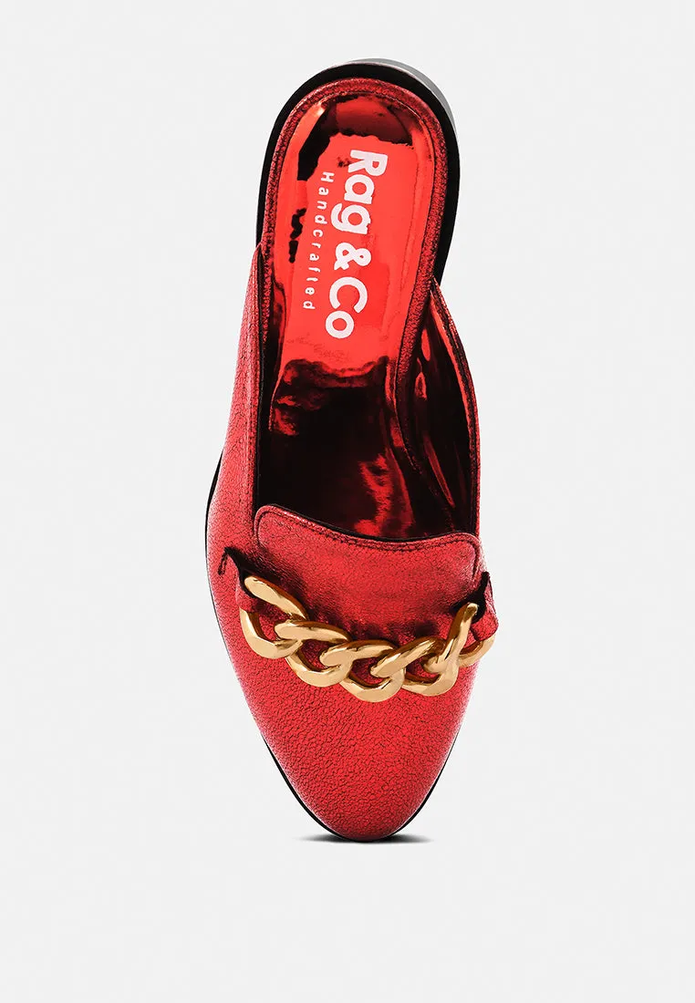 AKSA Chain Embellished Metallic Red Leather Mules