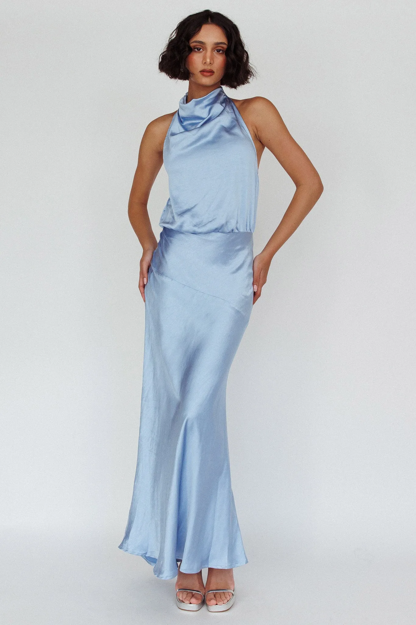 Amalfi Sunset Cowl Halterneck Maxi Dress Sky