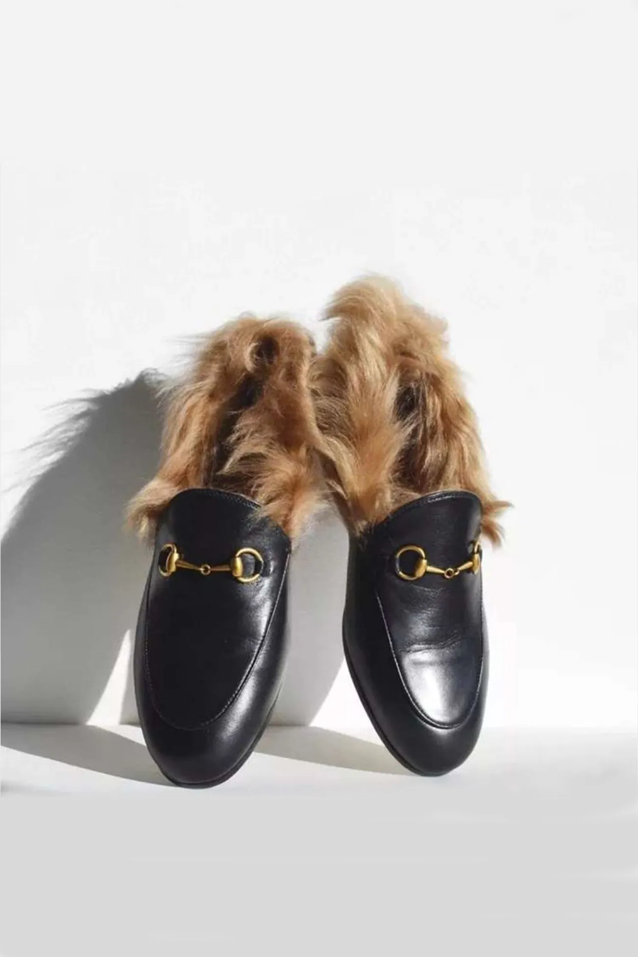 Amozae-Rabbit Fur Lined Leather Loafer Mules