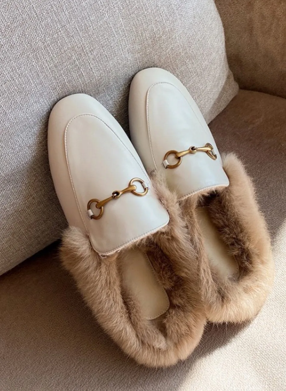 Amozae-Rabbit Fur Lined Leather Loafer Mules