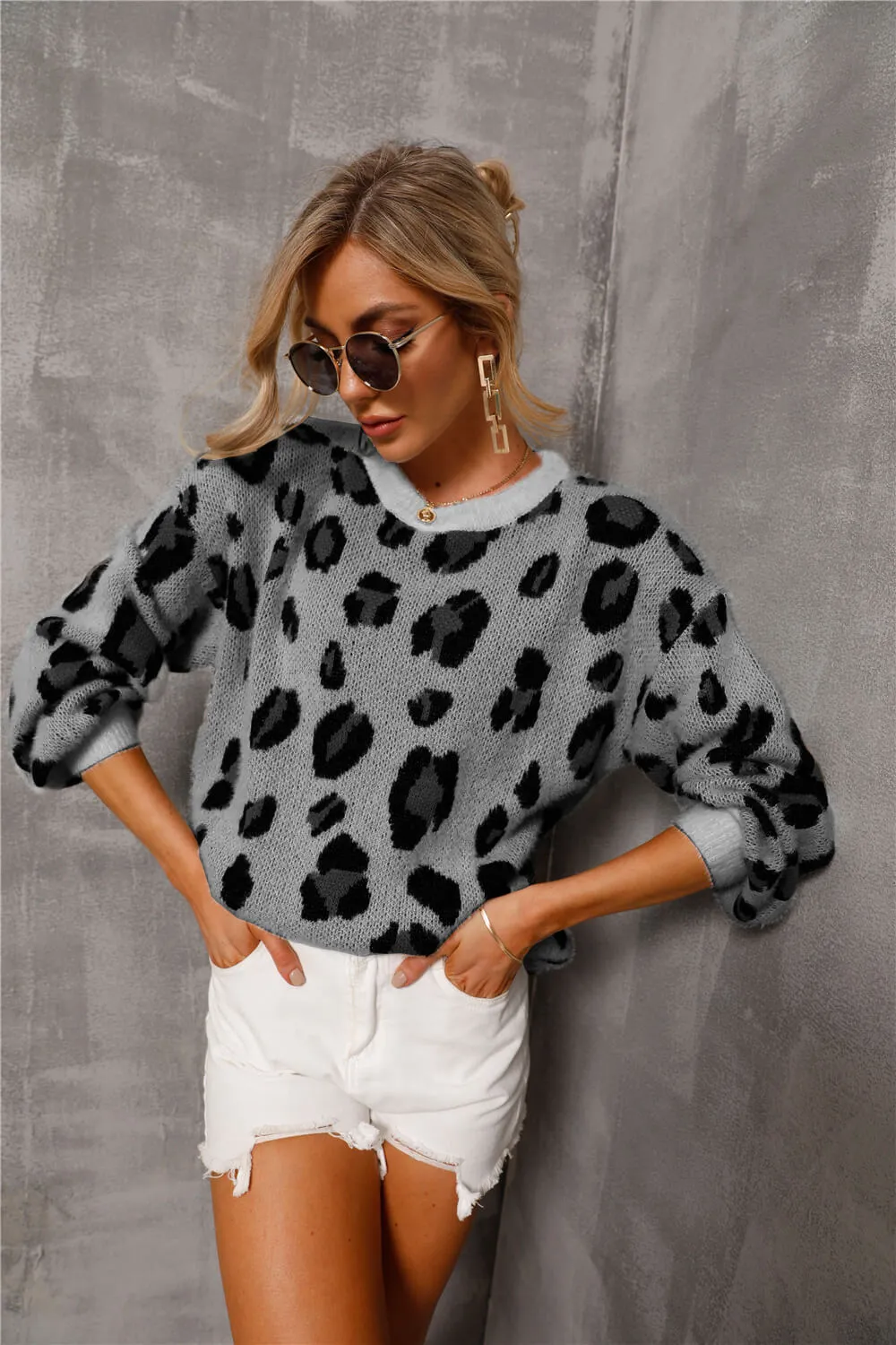 Animal Print Dropped Shoulder Knit Pullover