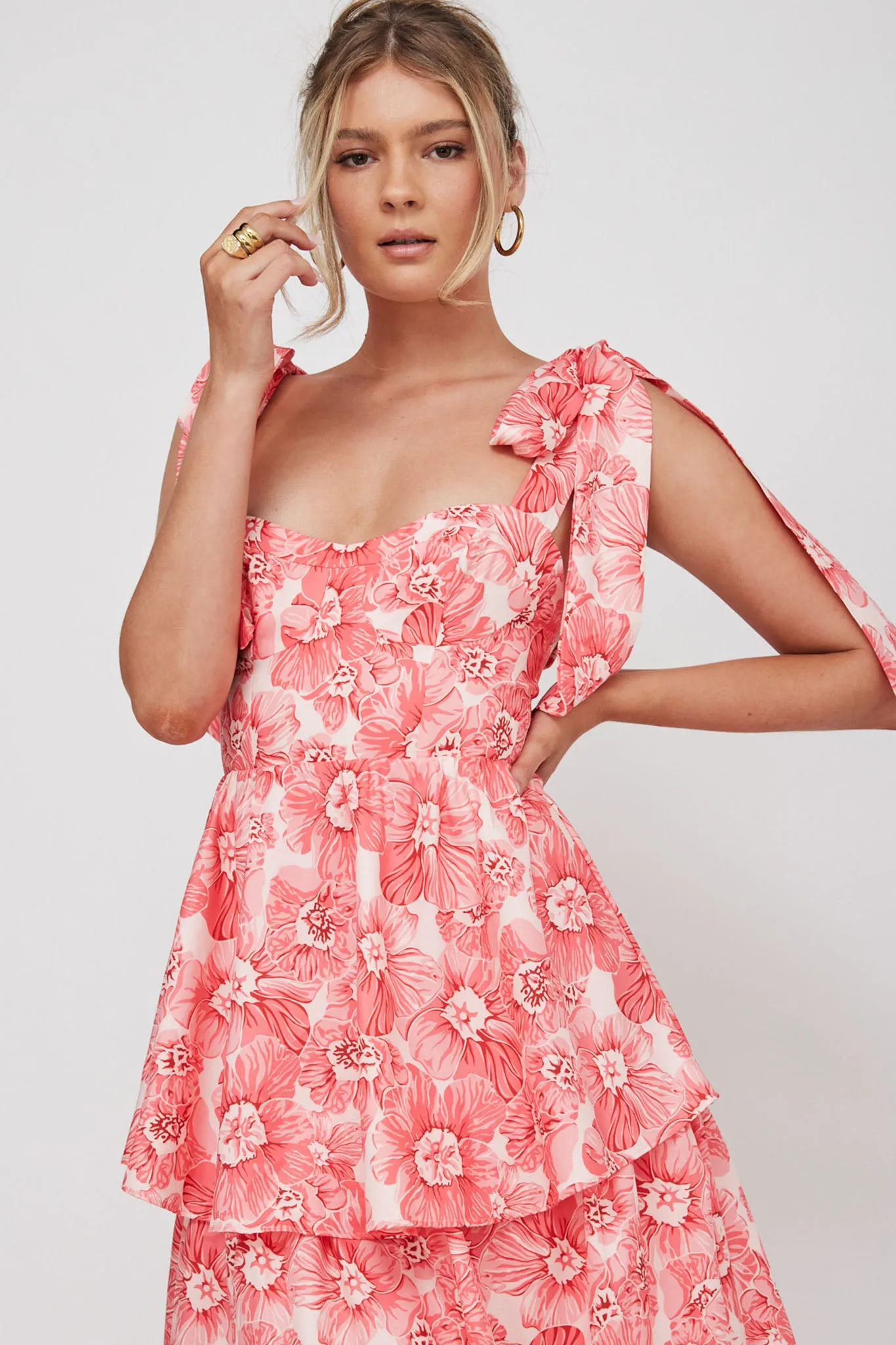 Arlowe Tied Shoulder Tiered Midi Dress Floral Pink