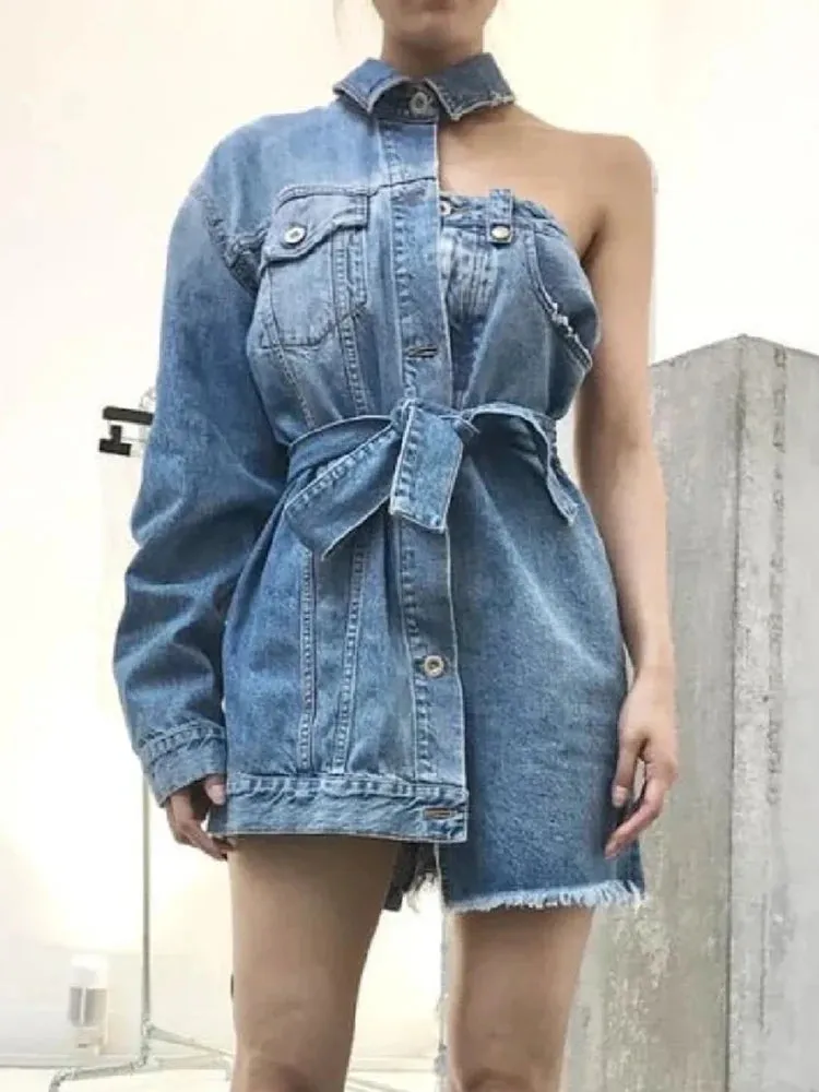 Asymmetrical Patchwork Lace Up Denim Mini Dress For Women Lapel One Shoulder Sleeve Design Casual A Line Dresses Female New