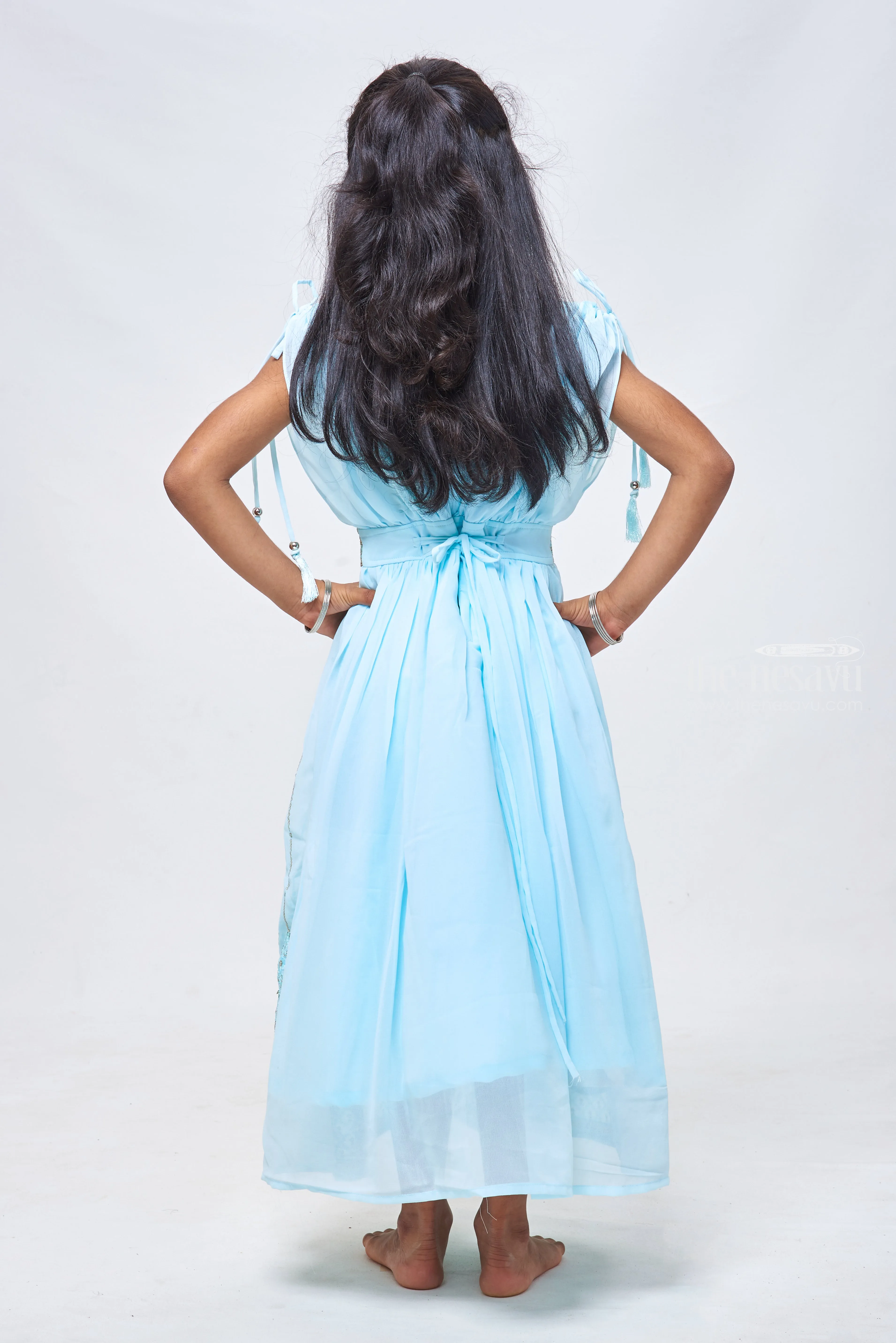 Azure Blue Sequins & Poncho Sleeves: Full Length Gown for Girls