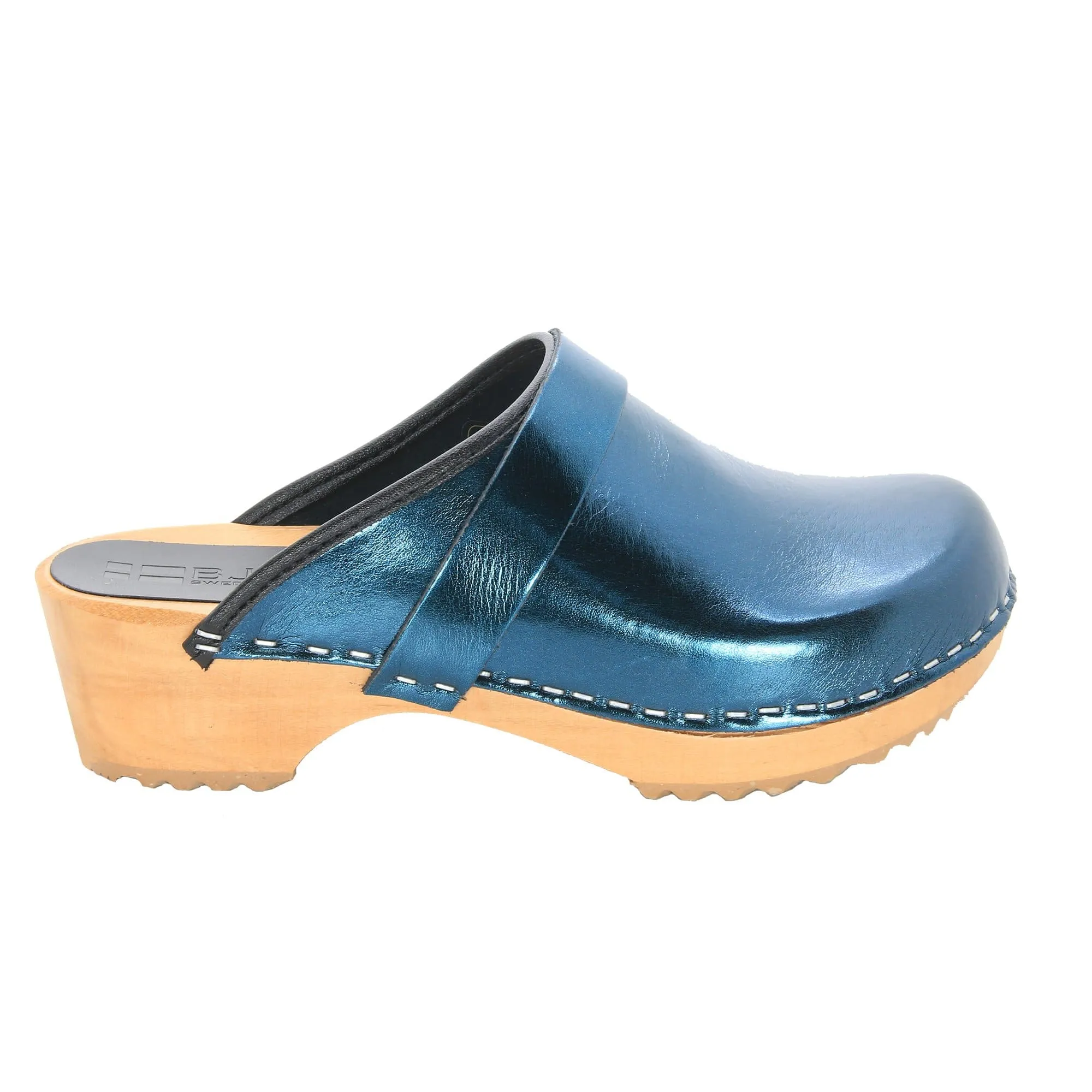 BJORK Maja Wood Open Back Metallic Leather Clogs - CLOSEOUT