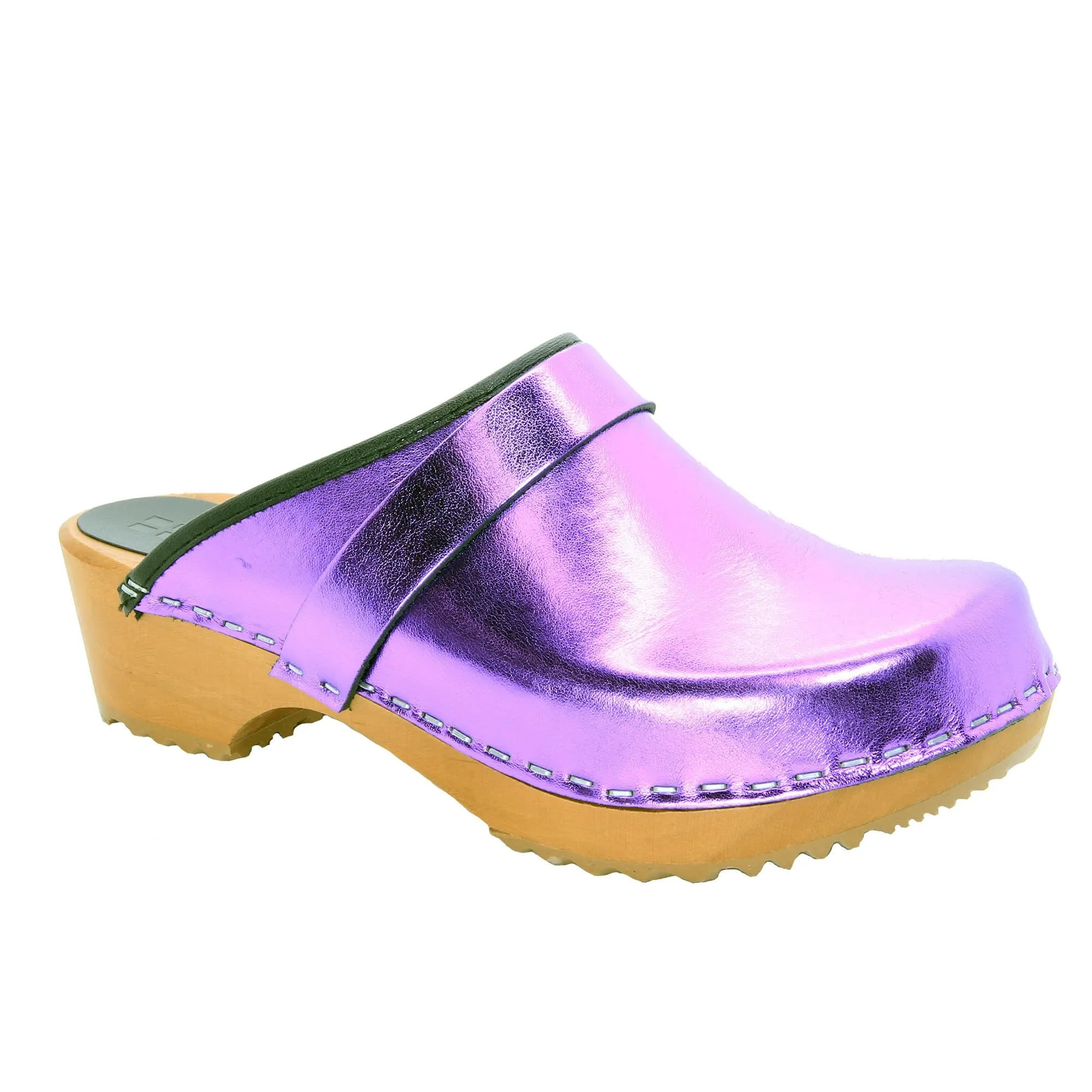 BJORK Maja Wood Open Back Metallic Leather Clogs - CLOSEOUT