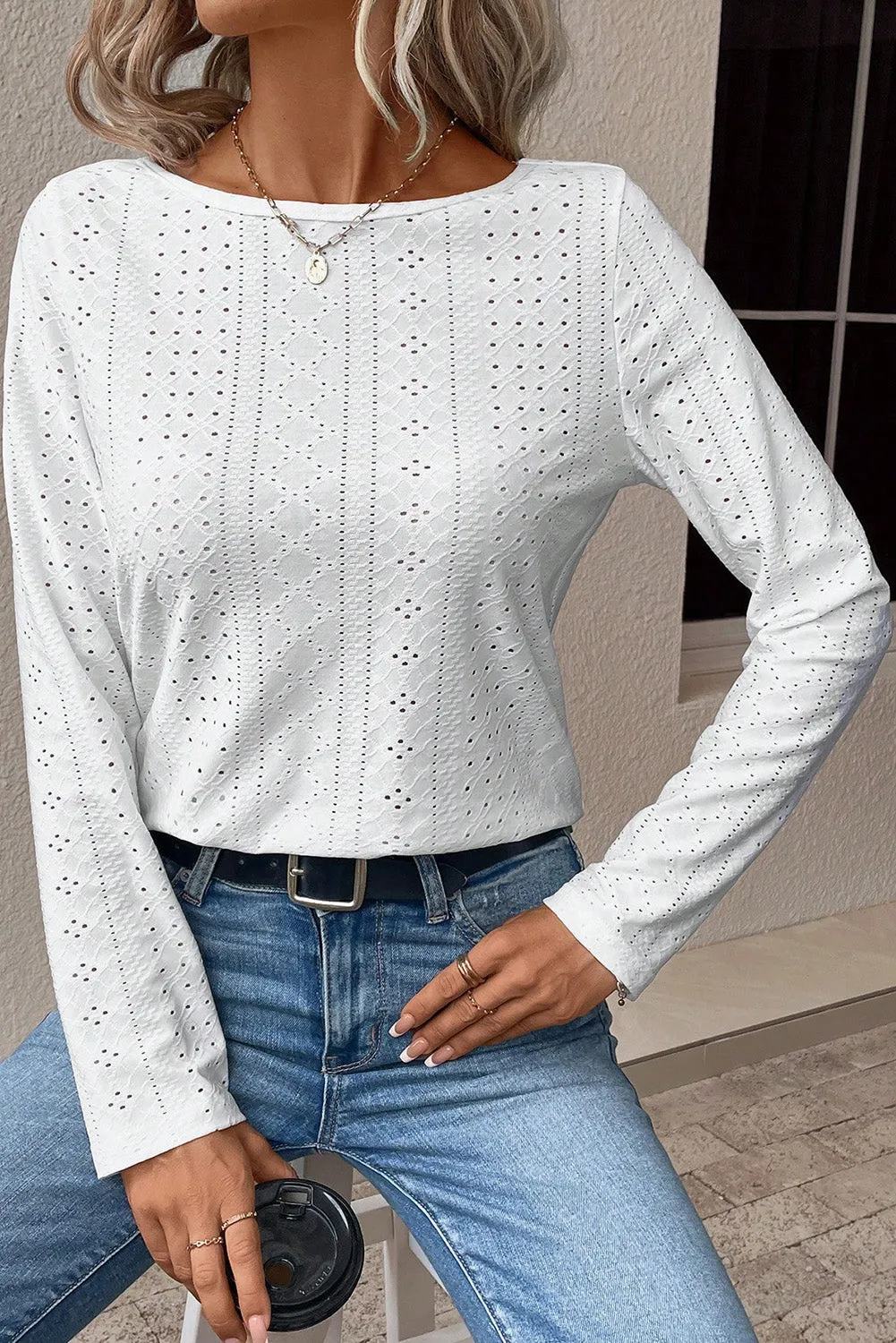 Black Floral Lace Splicing Eyelet Long Sleeve Top