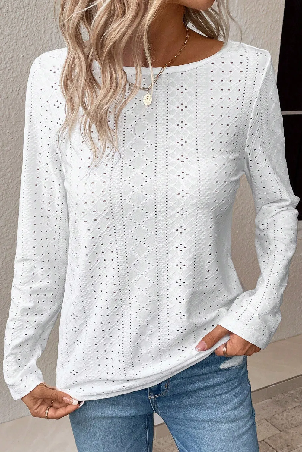 Black Floral Lace Splicing Eyelet Long Sleeve Top