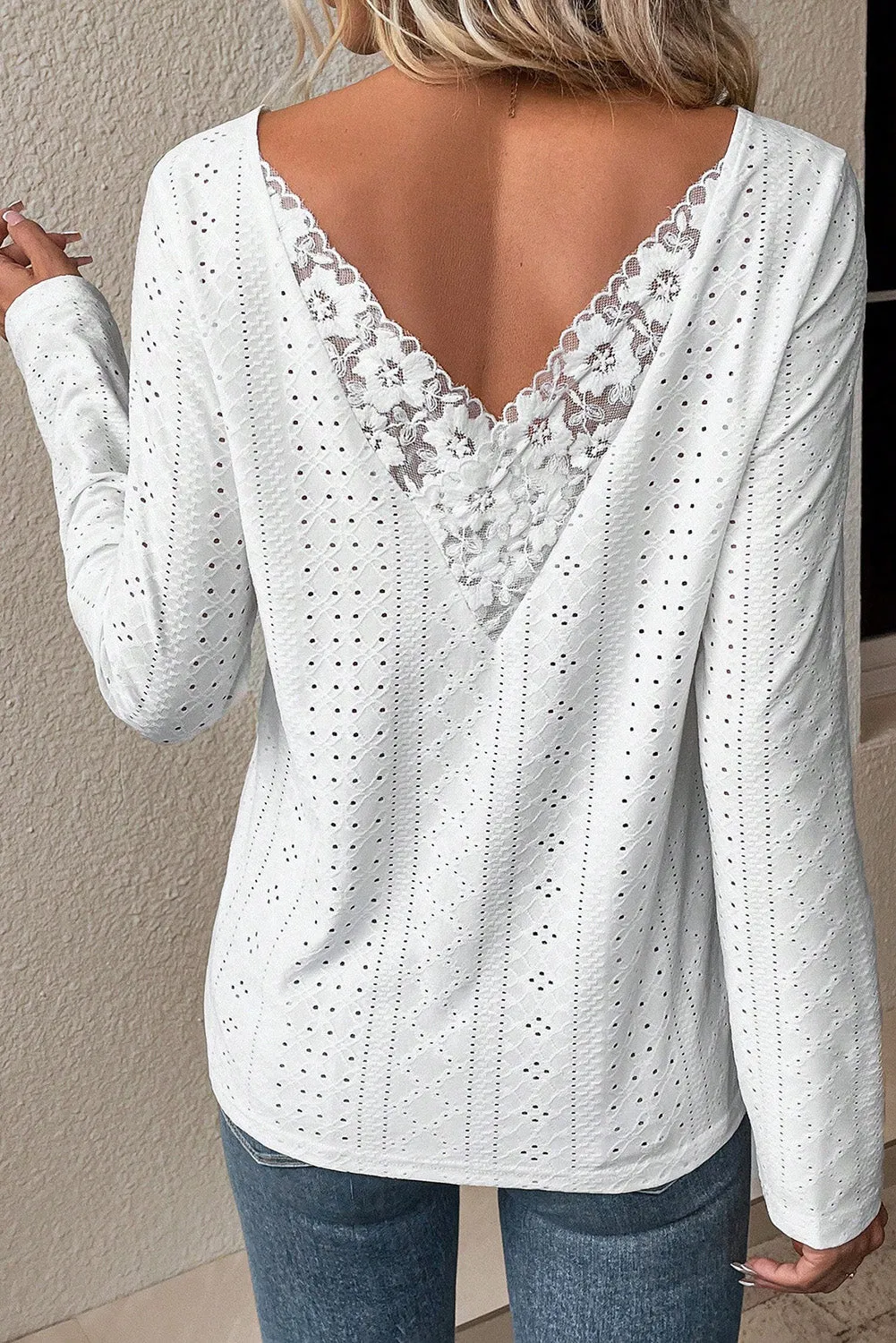 Black Floral Lace Splicing Eyelet Long Sleeve Top