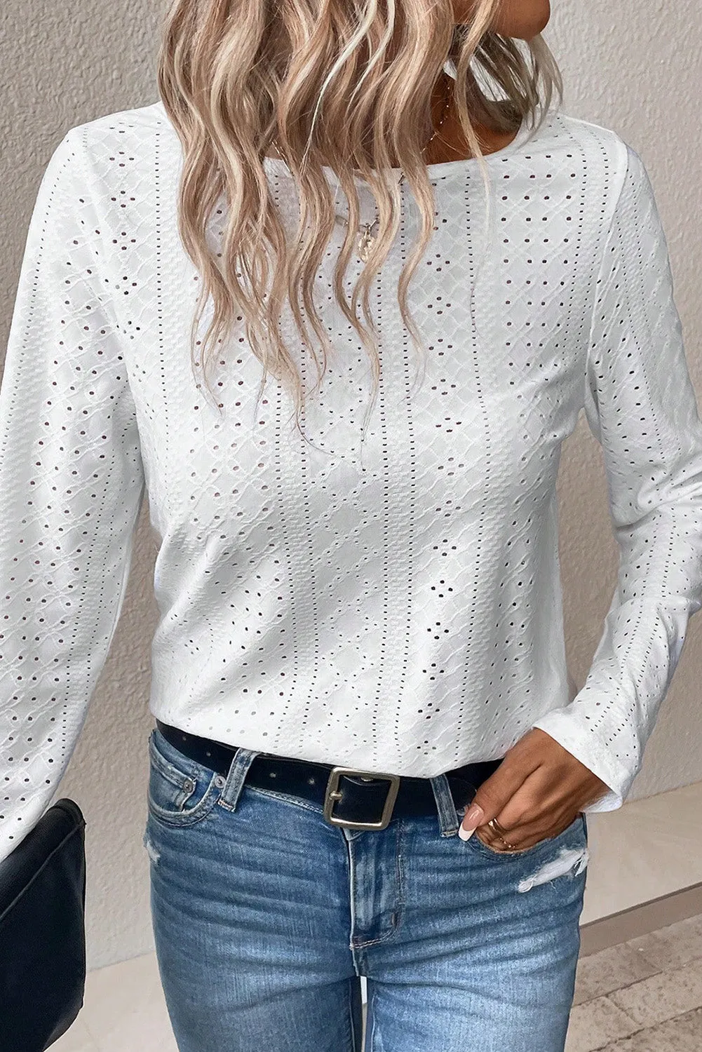 Black Floral Lace Splicing Eyelet Long Sleeve Top