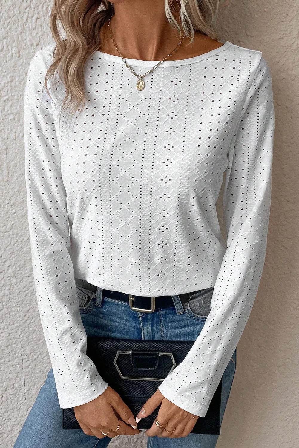 Black Floral Lace Splicing Eyelet Long Sleeve Top