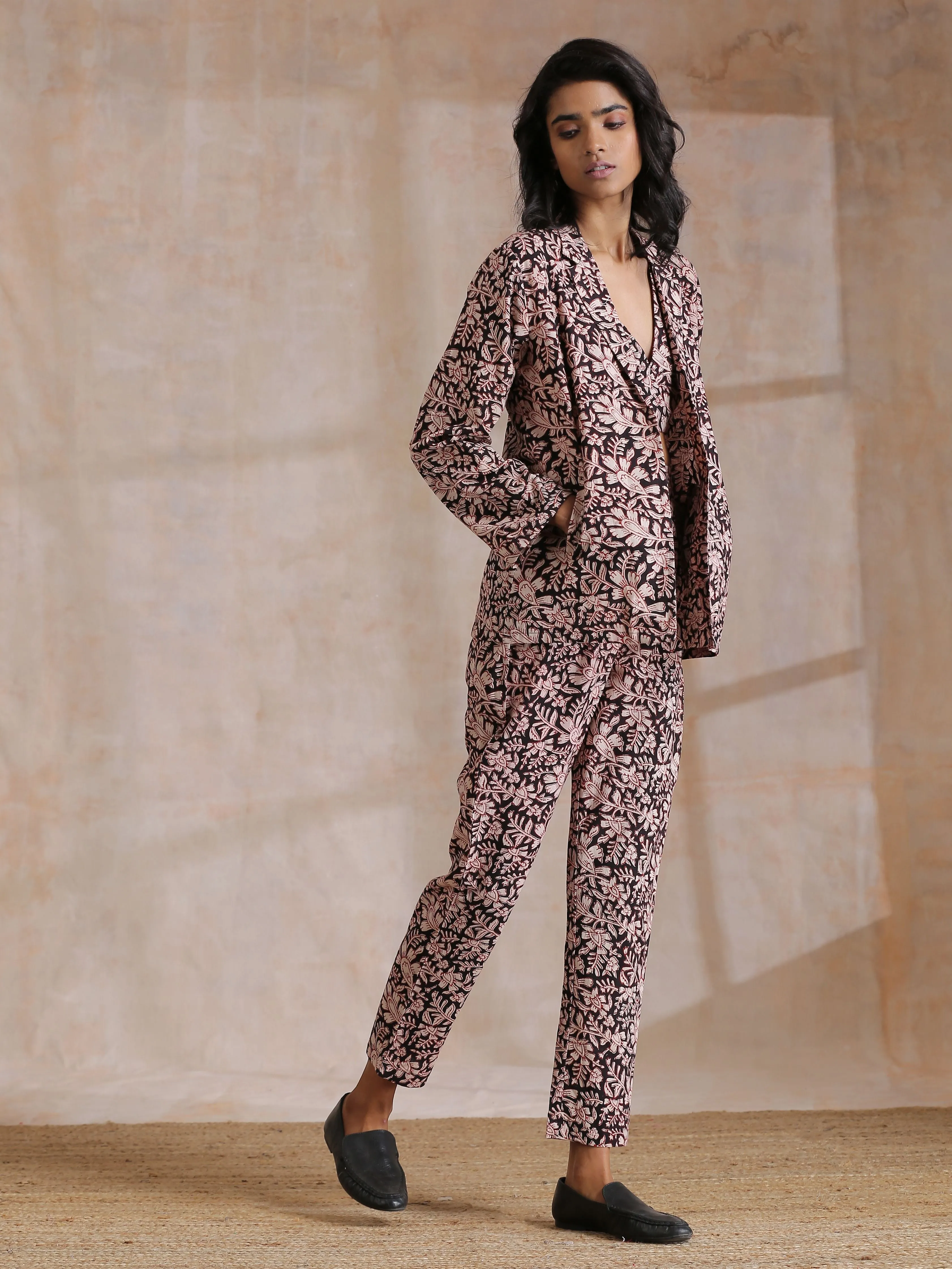 Black Floral Overall Bagru Print Cotton Pant Suit Set