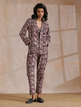 Black Floral Overall Bagru Print Cotton Pant Suit Set