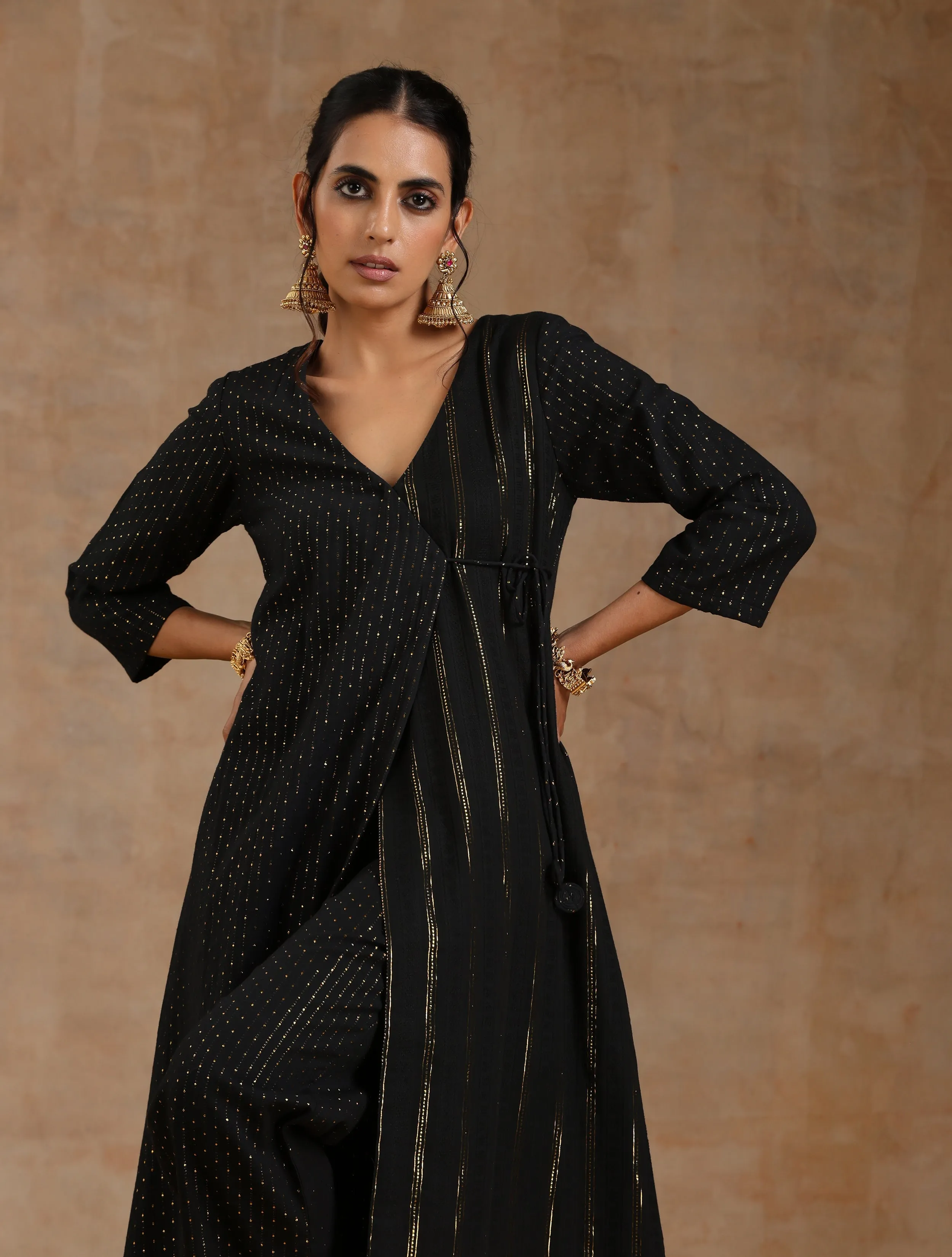 Black Gold Cotton Angrakha Kurta Set