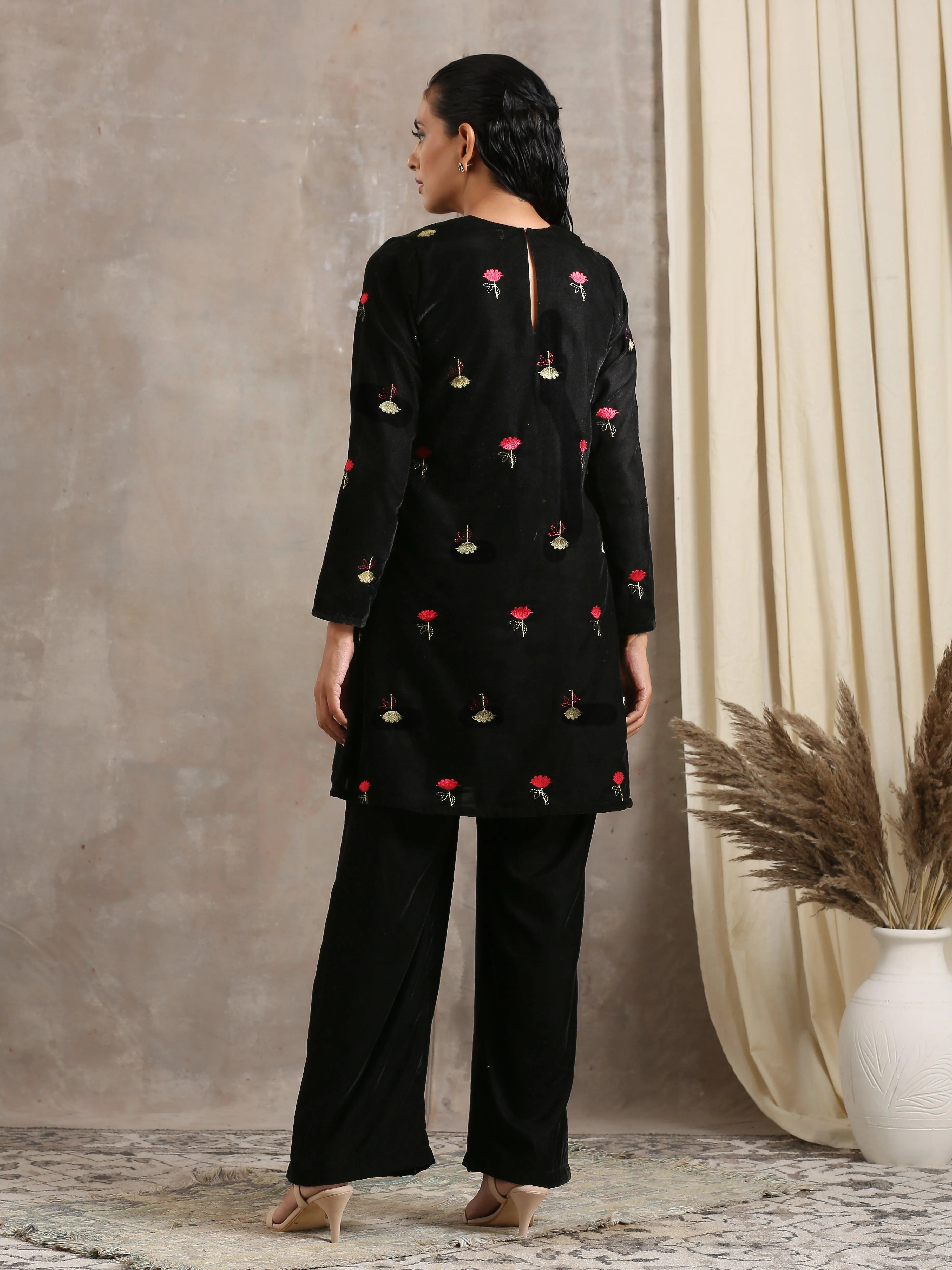 Black Velvet Embroidered Short Kurta