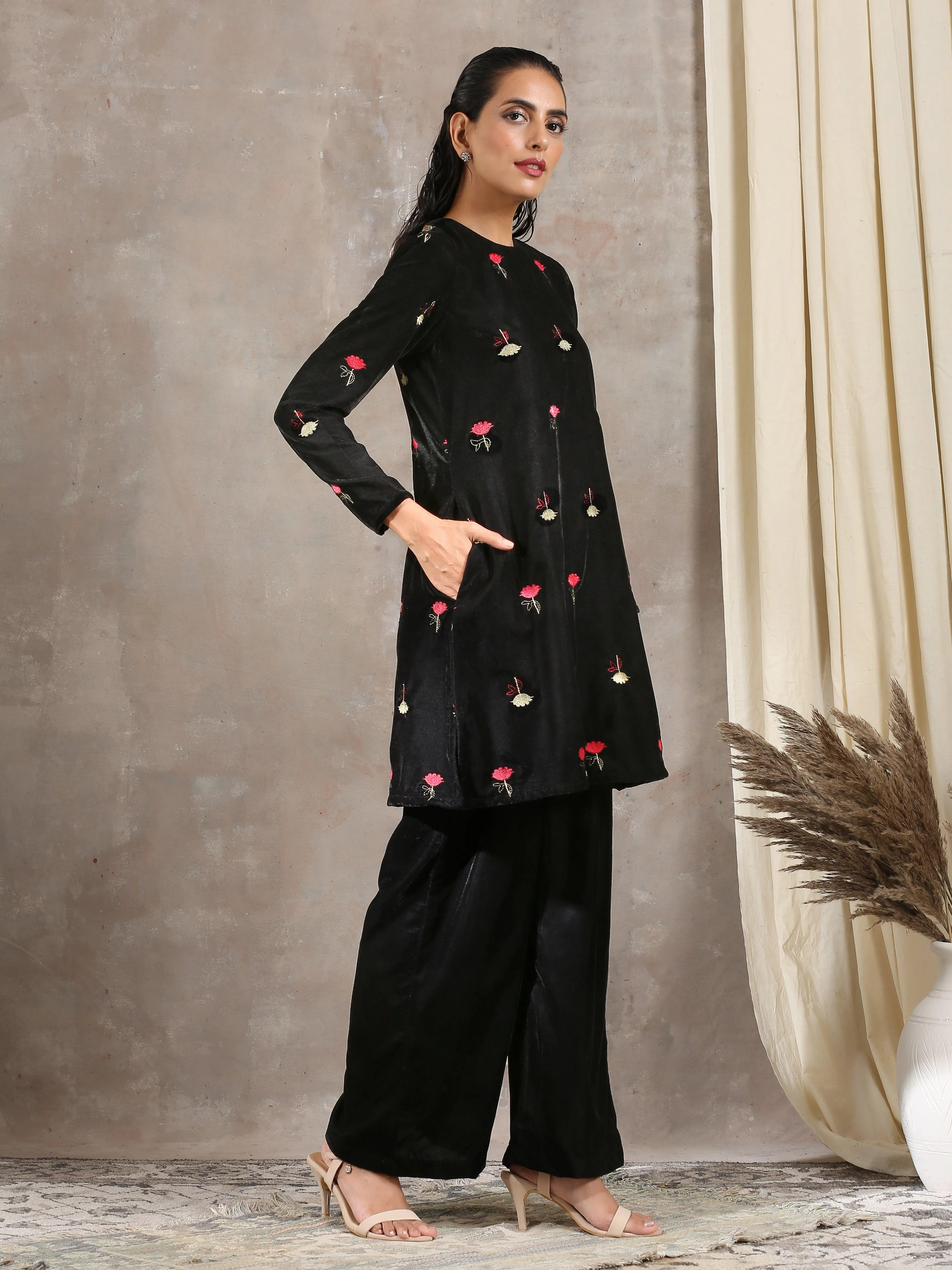 Black Velvet Embroidered Short Kurta