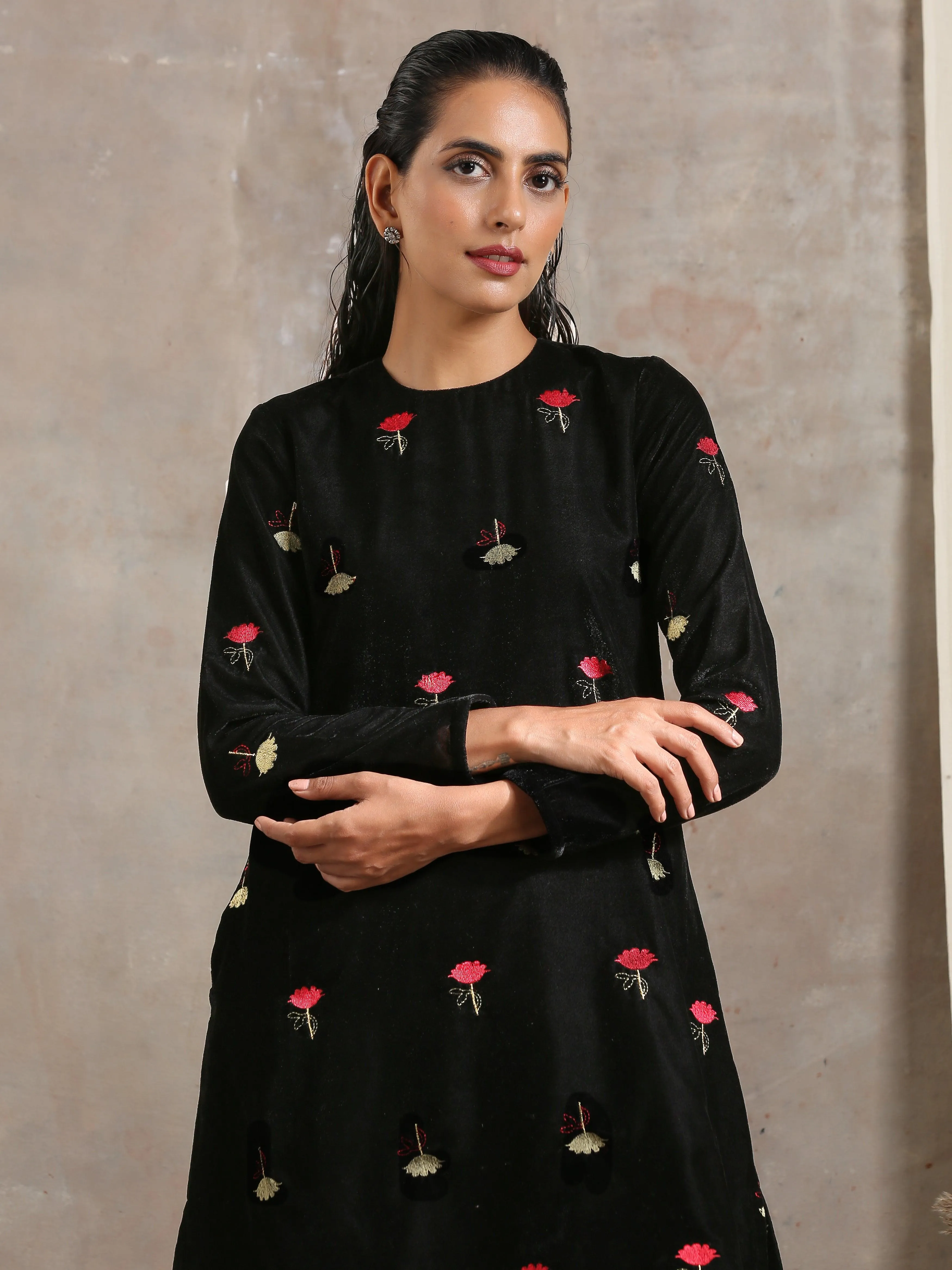 Black Velvet Embroidered Short Kurta