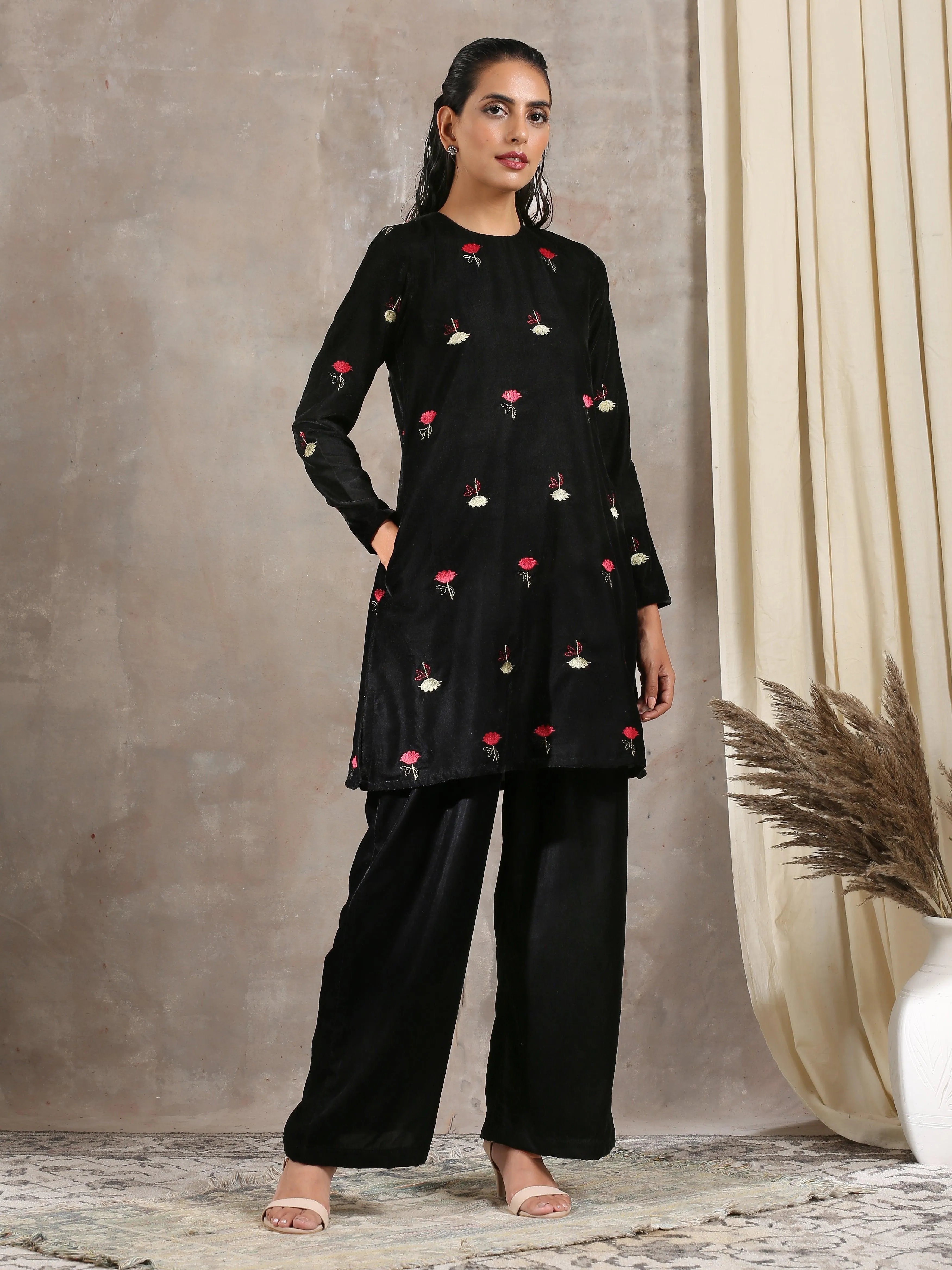 Black Velvet Embroidered Short Kurta