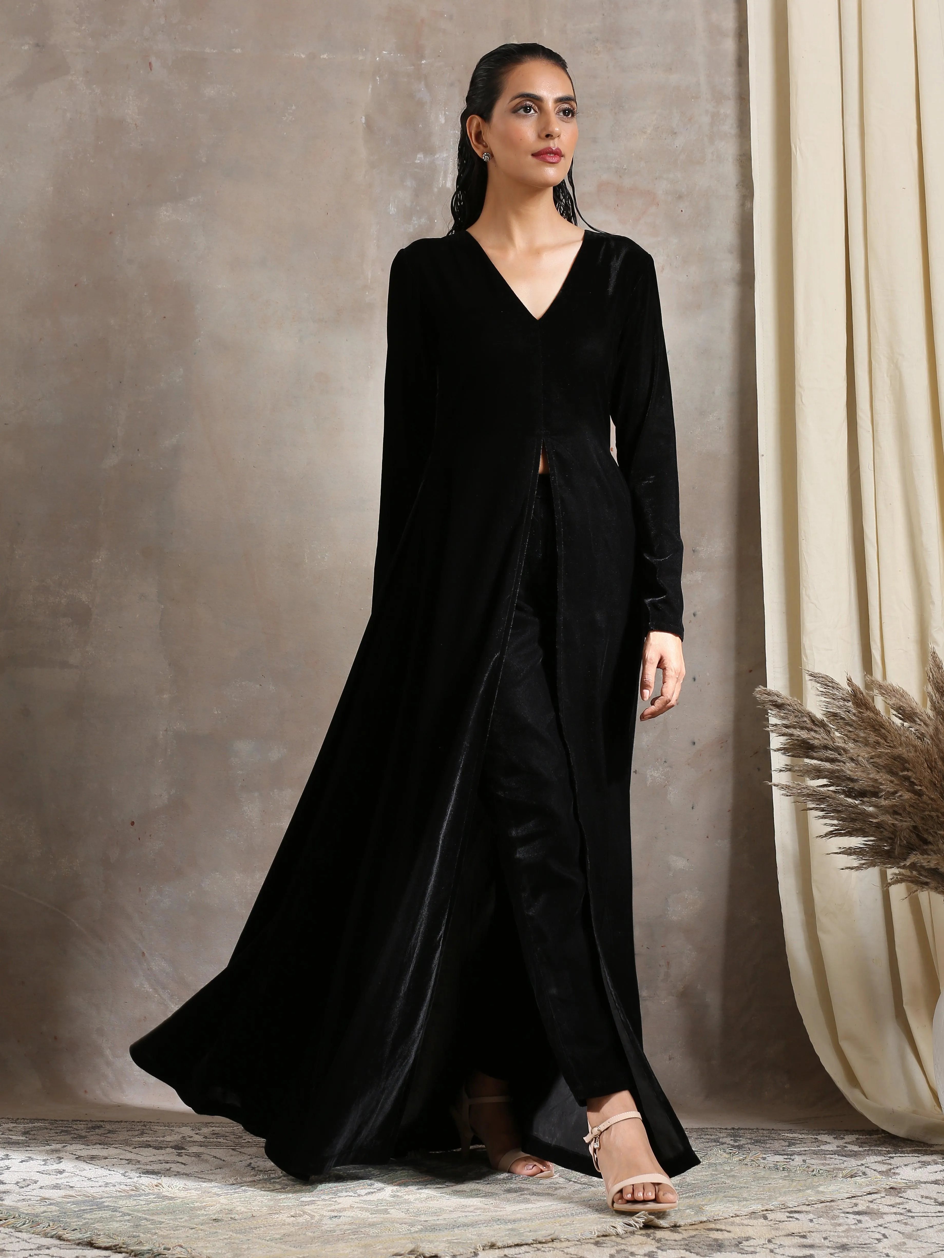 Black Velvet Front Slit Kurta