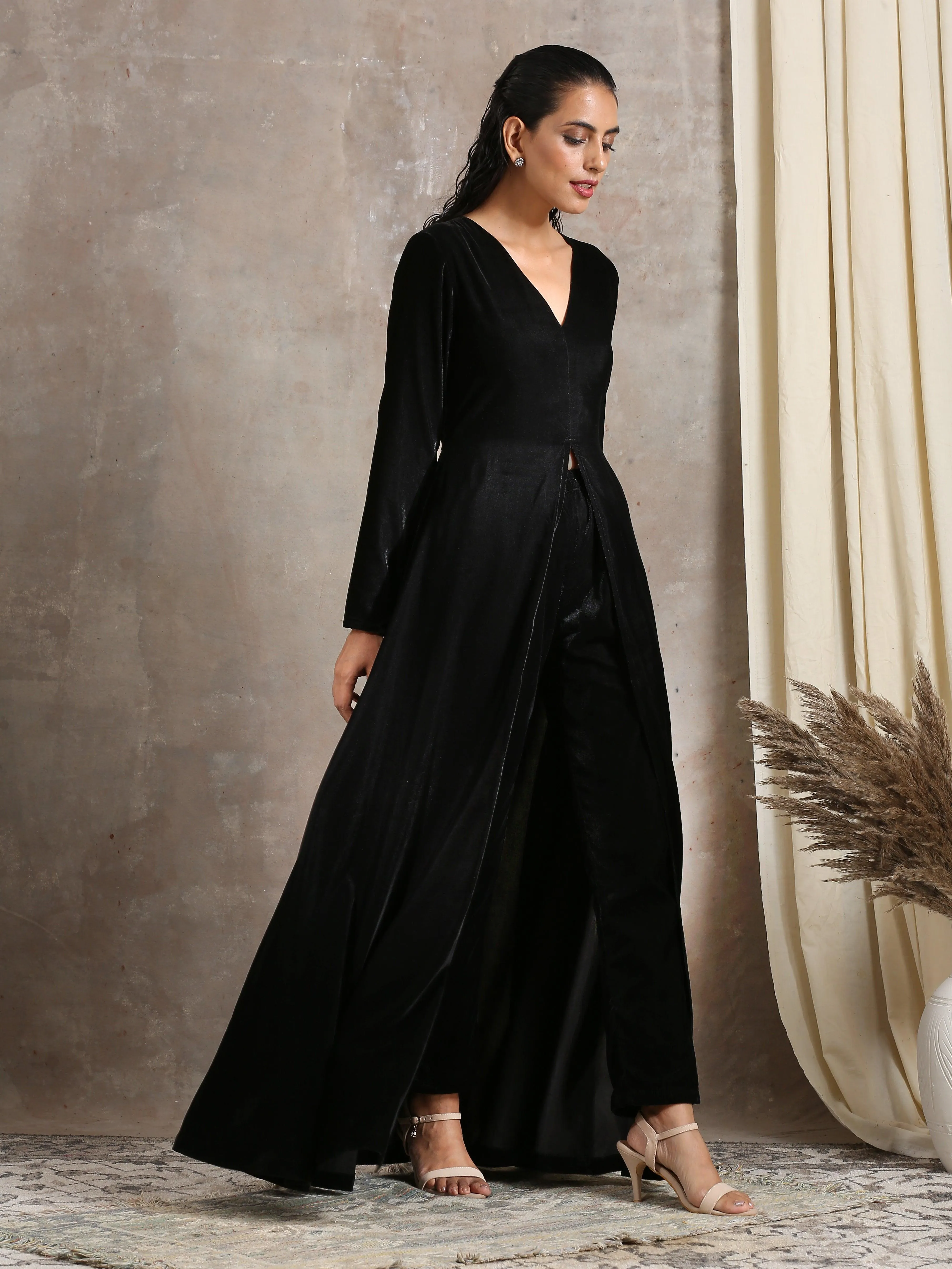 Black Velvet Front Slit Kurta