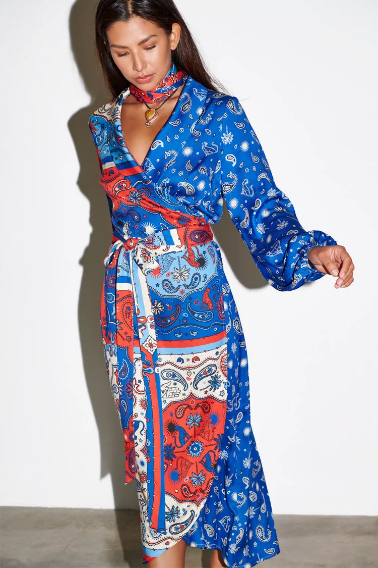 Blue Bandana Clash Brooklyn Wrap Dress