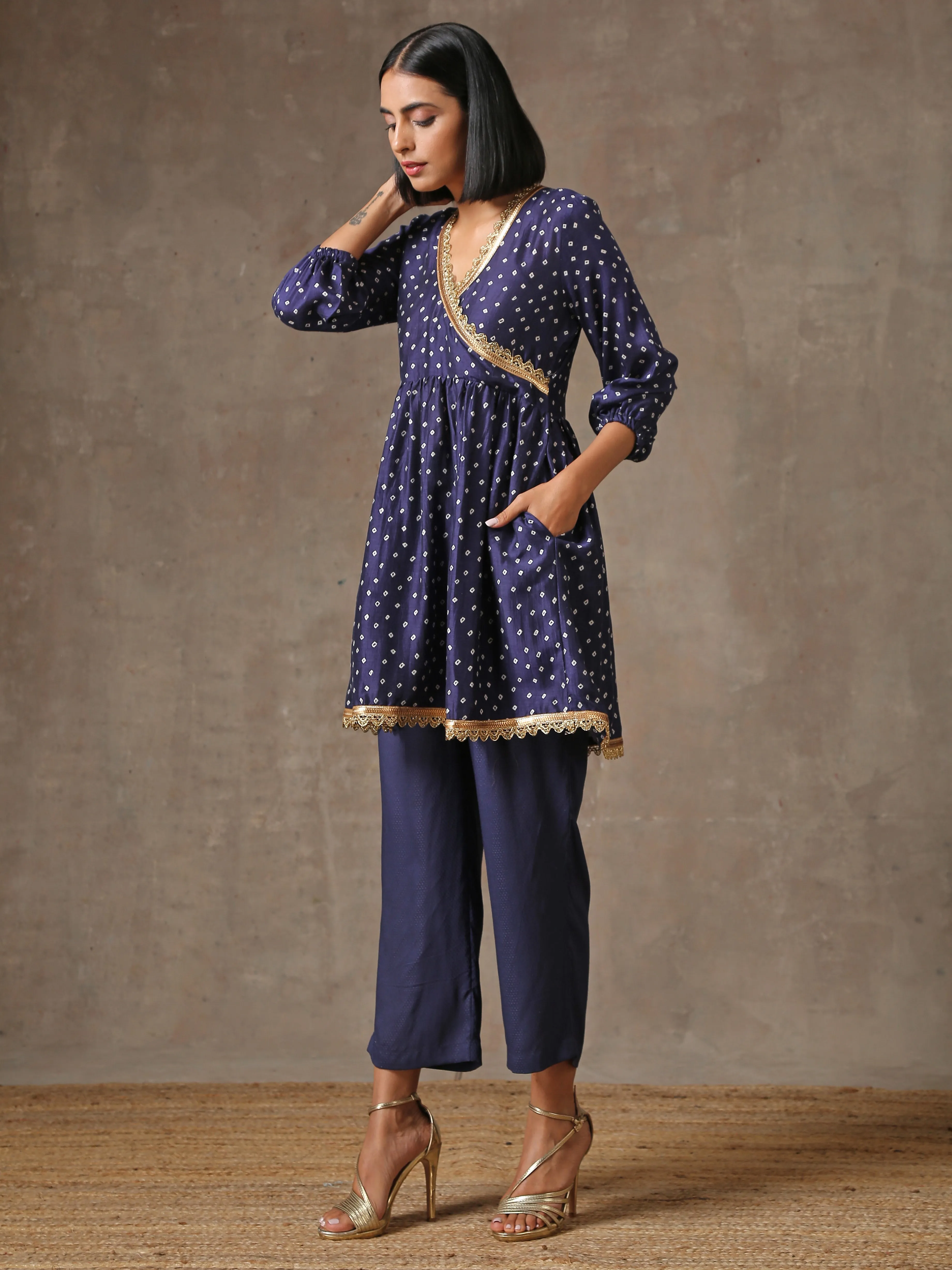 Blue Bandhani Printed Silk Co-Ord Set