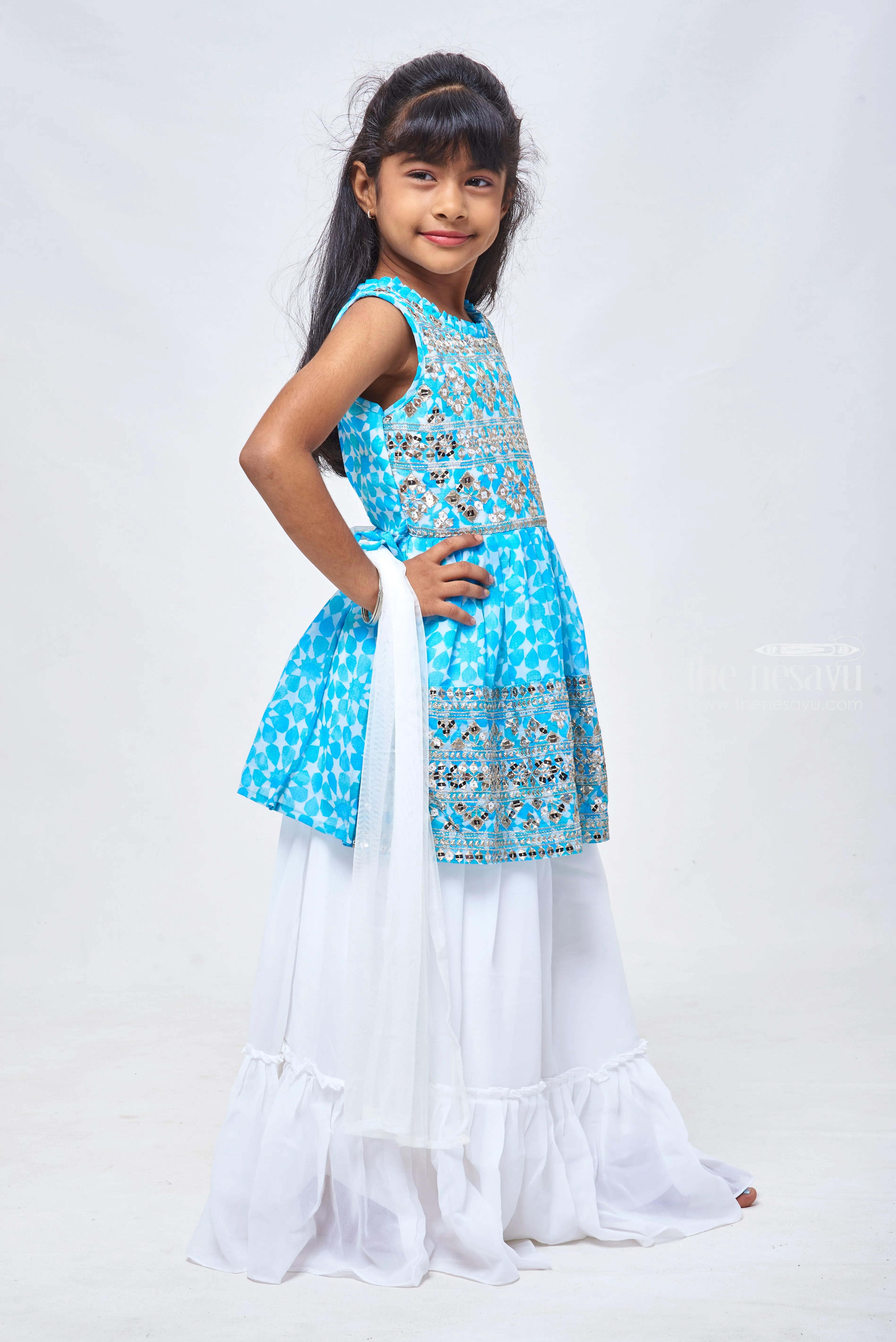 Blue Bloom: Sequin Embroidered Floral Designer Blue Kurti & Lehenga Set with Dupatta for Girls