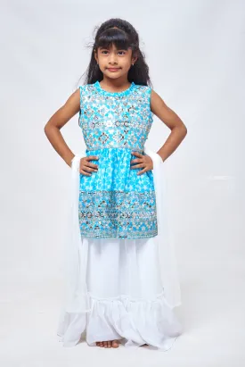 Blue Bloom: Sequin Embroidered Floral Designer Blue Kurti & Lehenga Set with Dupatta for Girls