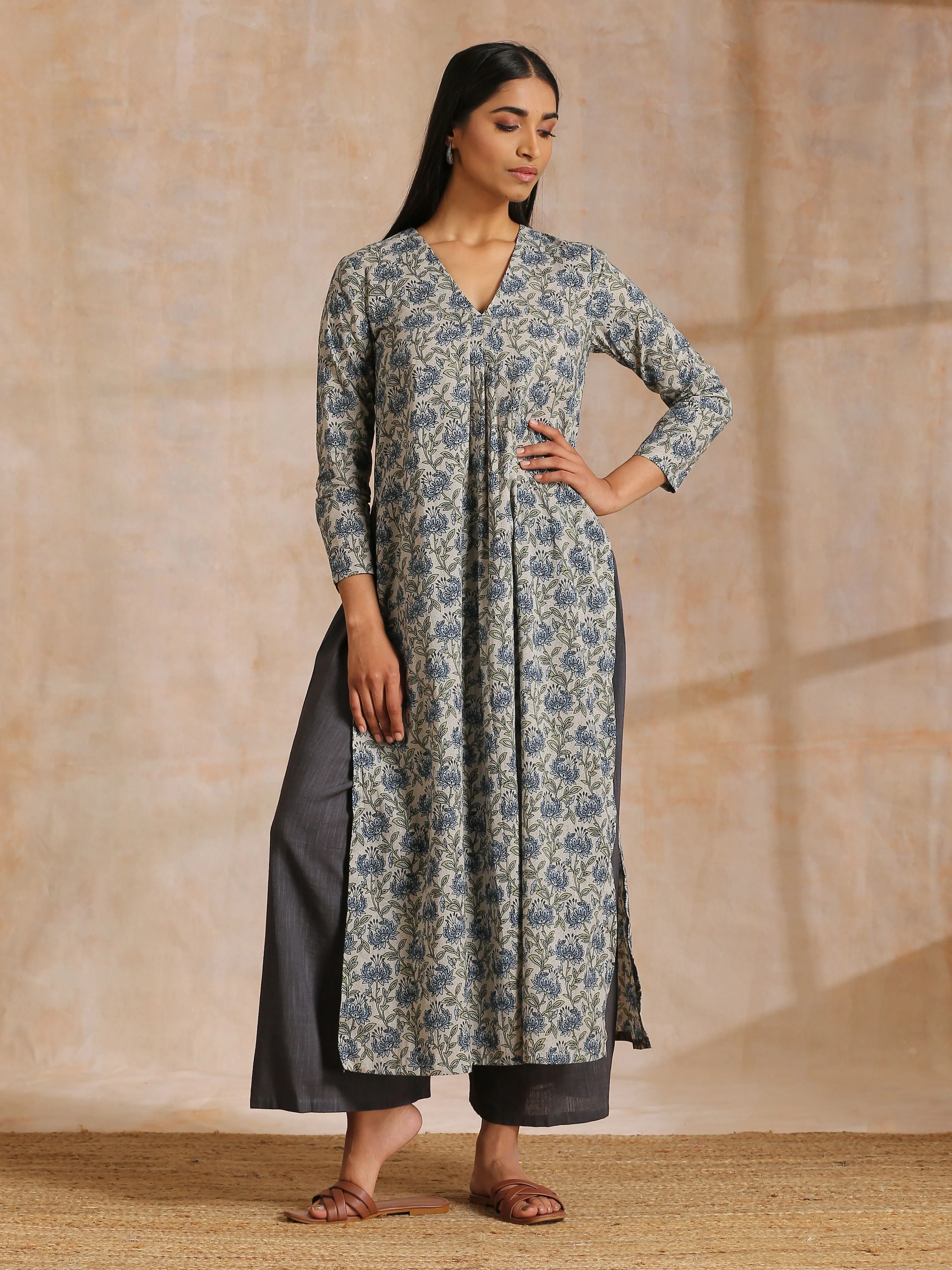 Blue Grey Overall Floral Block On White Print Cotton Kurta Pant Set