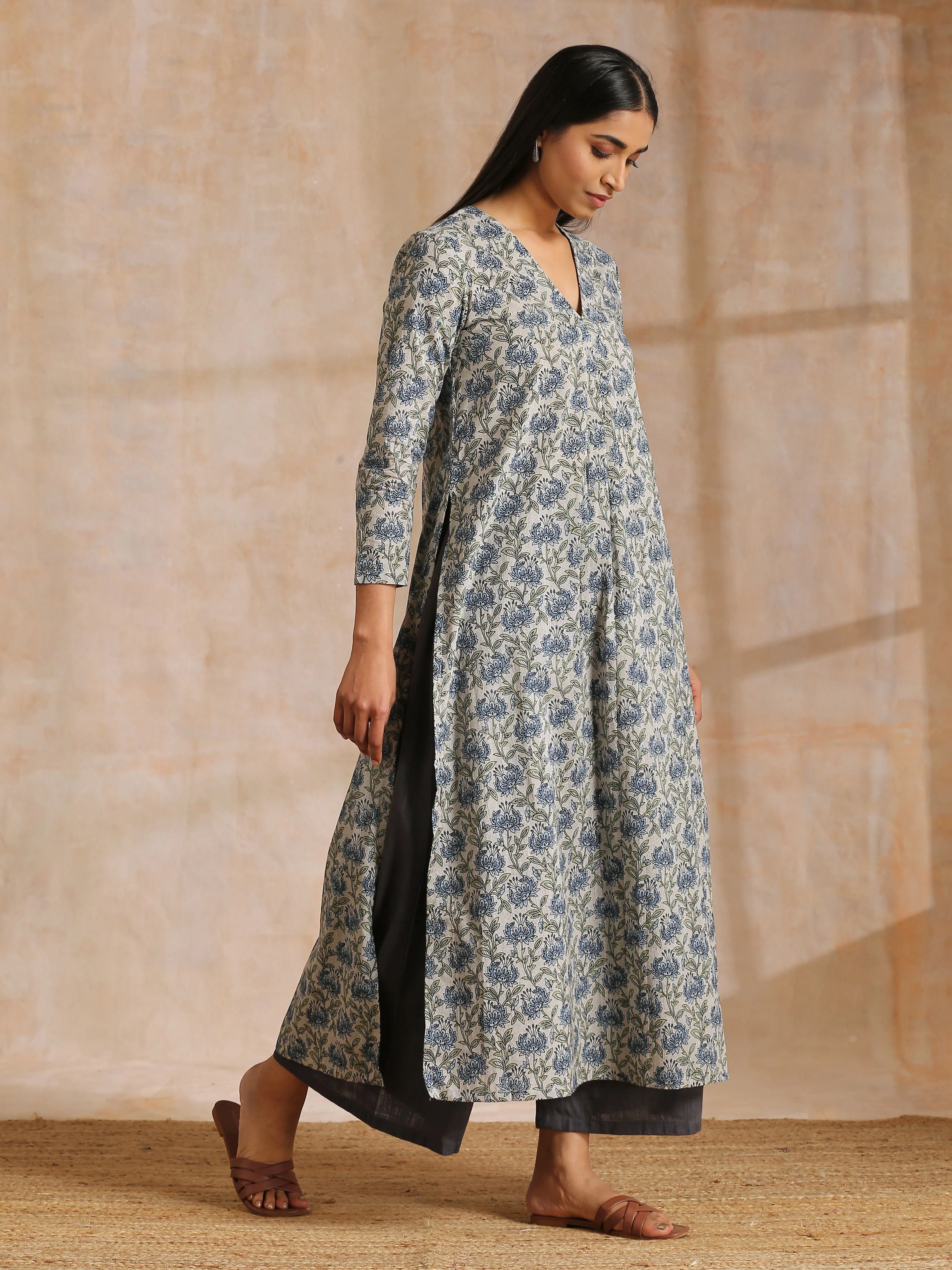 Blue Grey Overall Floral Block On White Print Cotton Kurta Pant Set