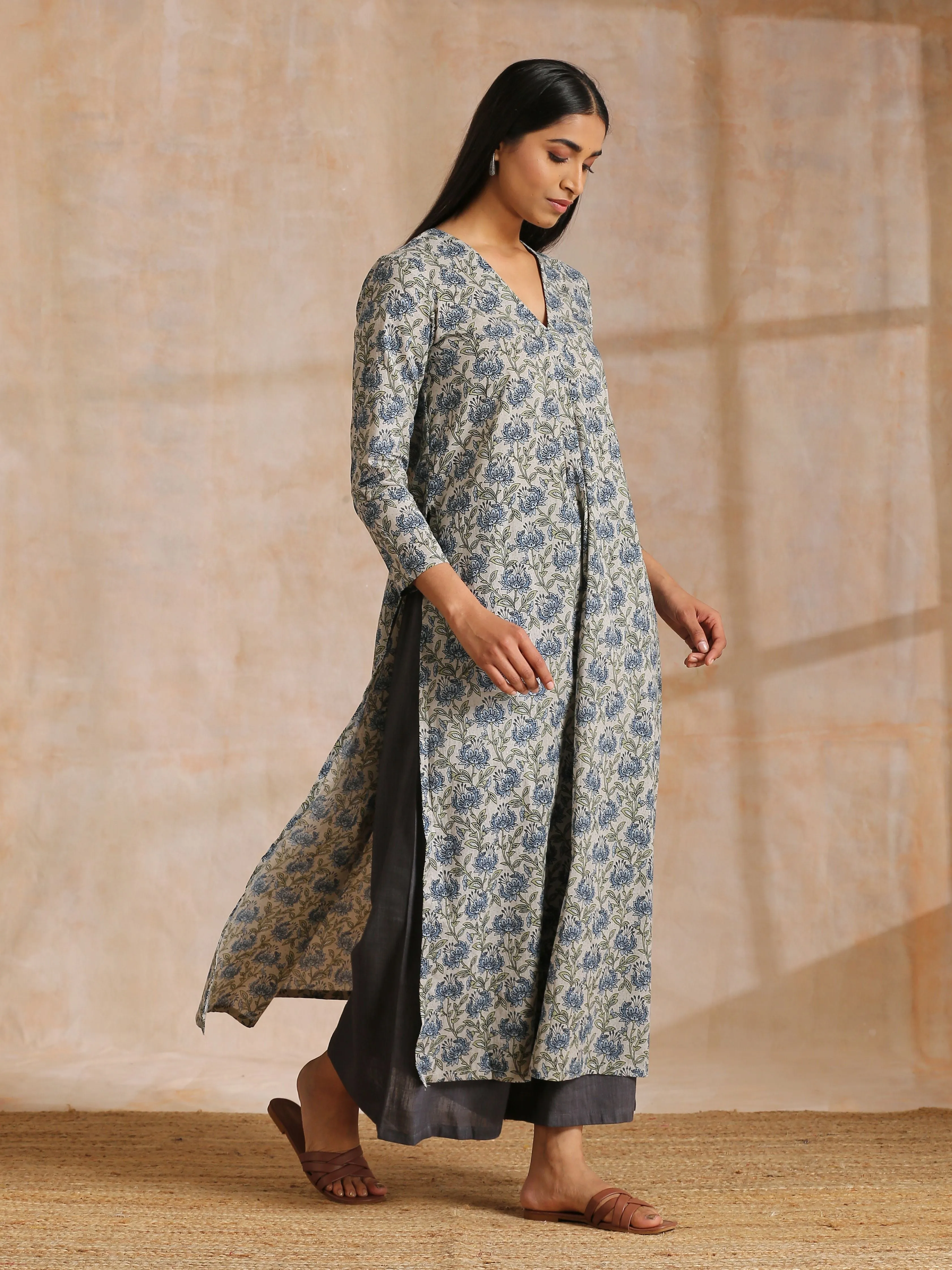 Blue Grey Overall Floral Block On White Print Cotton Kurta Pant Set