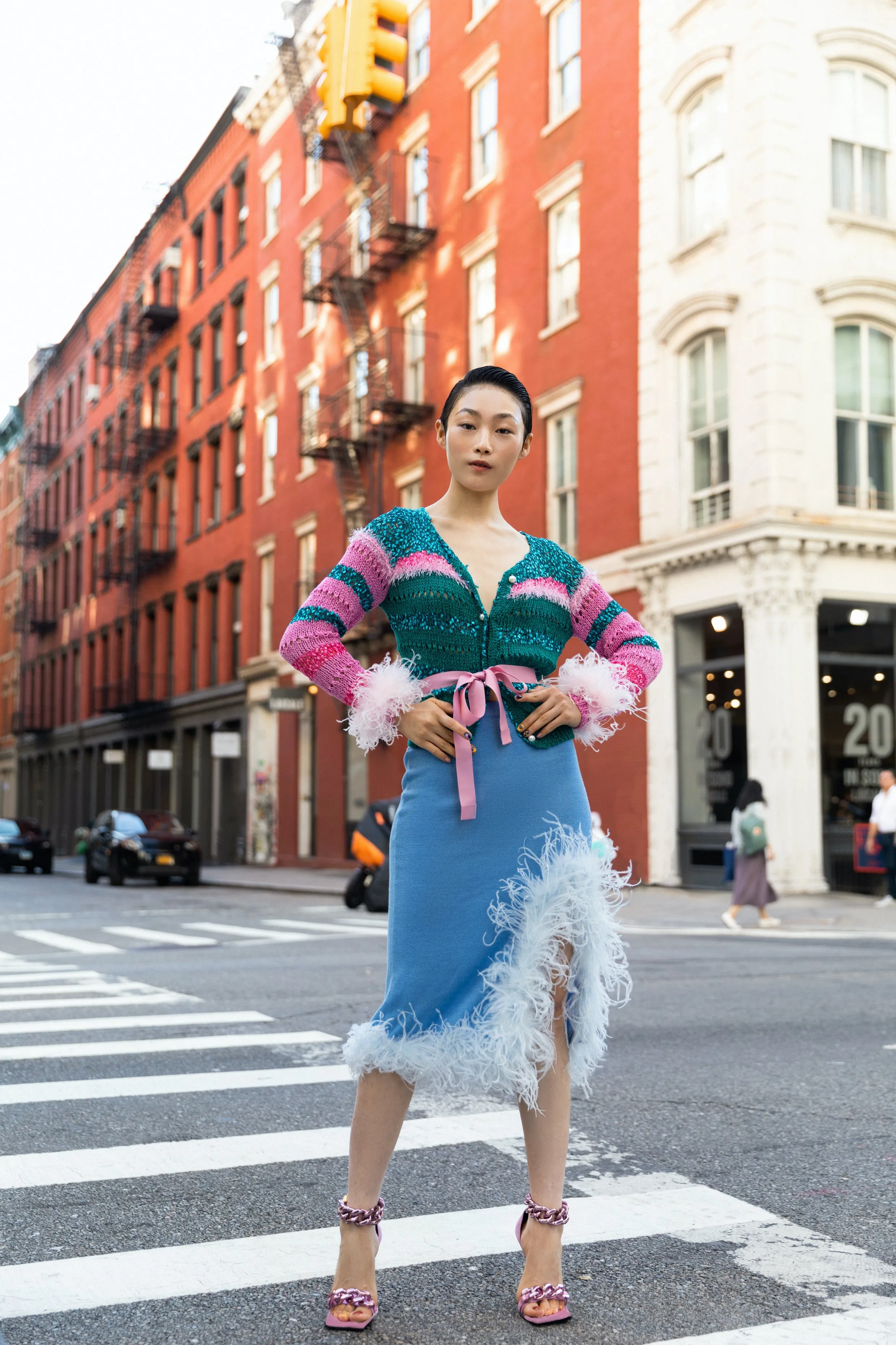 Blue Knit Skirt-Dress With Feather Details