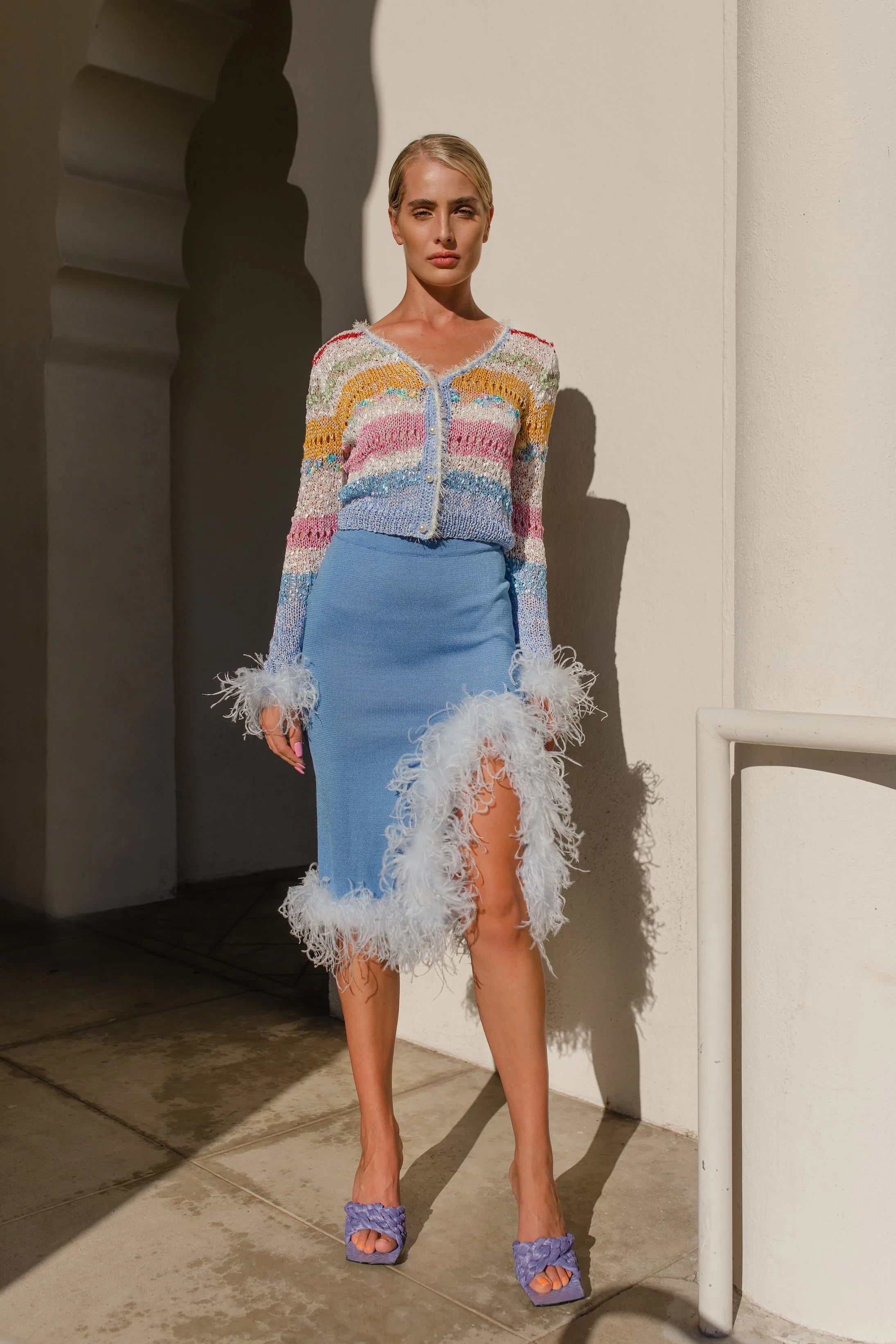 Blue Knit Skirt-Dress With Feather Details