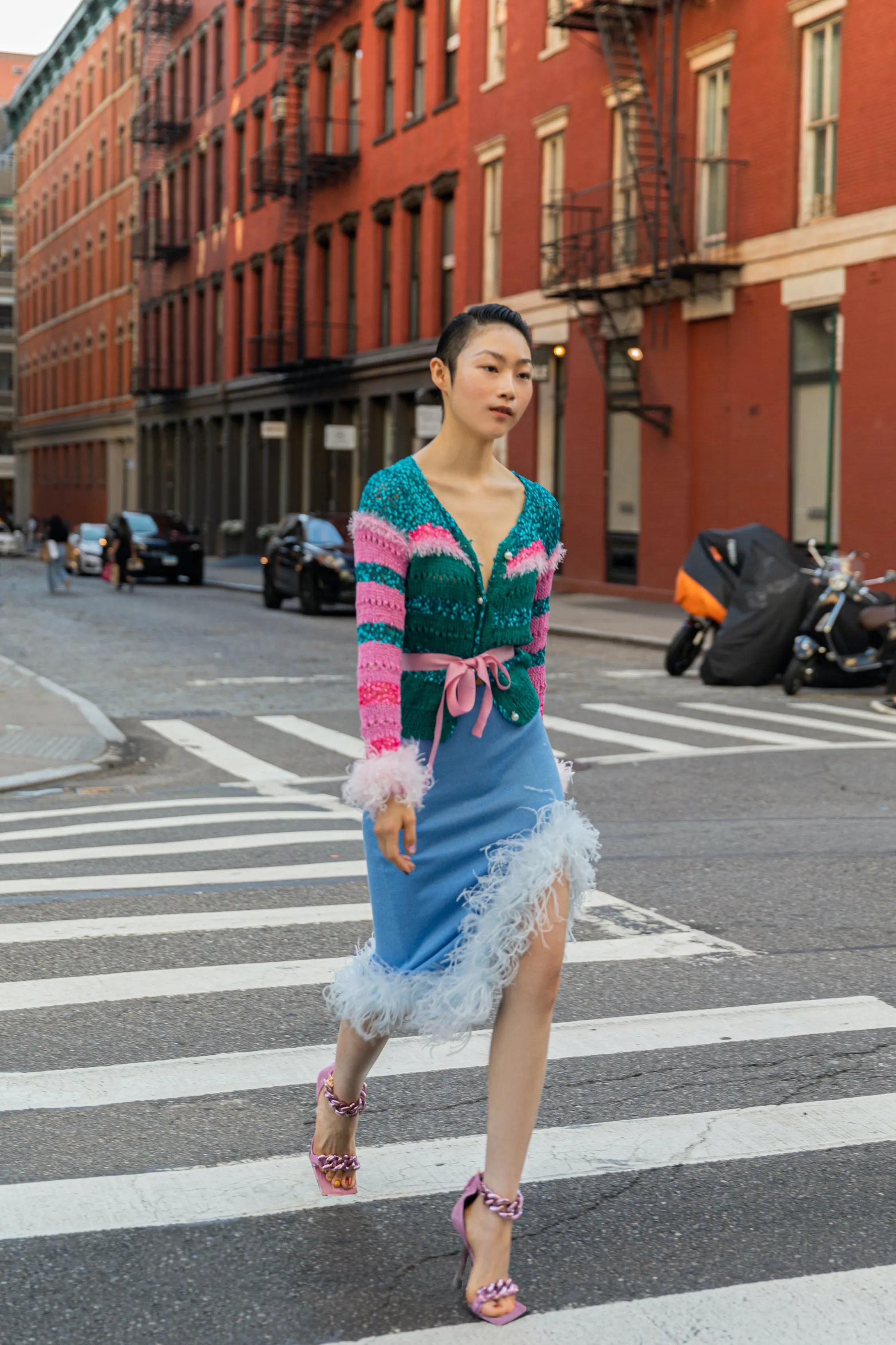 Blue Knit Skirt-Dress With Feather Details